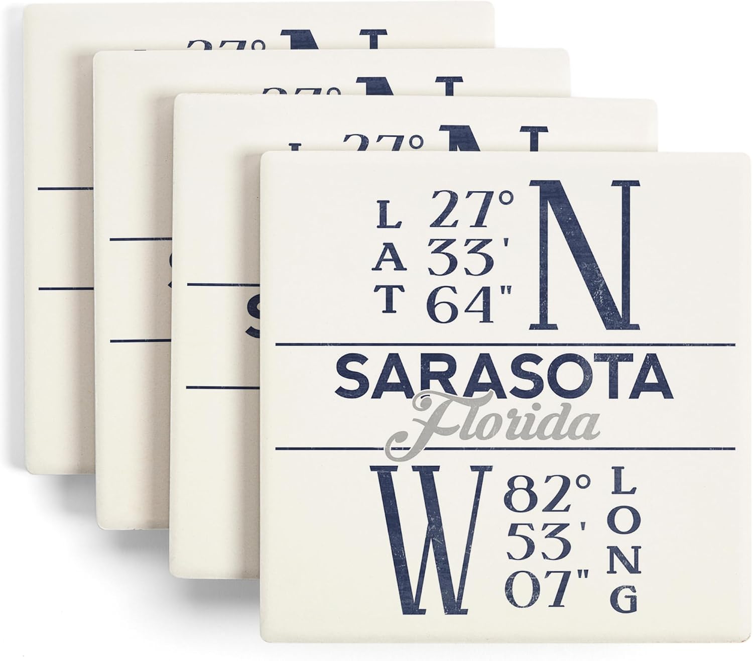 Lantern Press Sarasota, Florida, Latitude and Longitude (Blue) (Absorbent Ceramic Coasters Set of 4 Matching Images, Cork Back, Kitchen Table Decor)