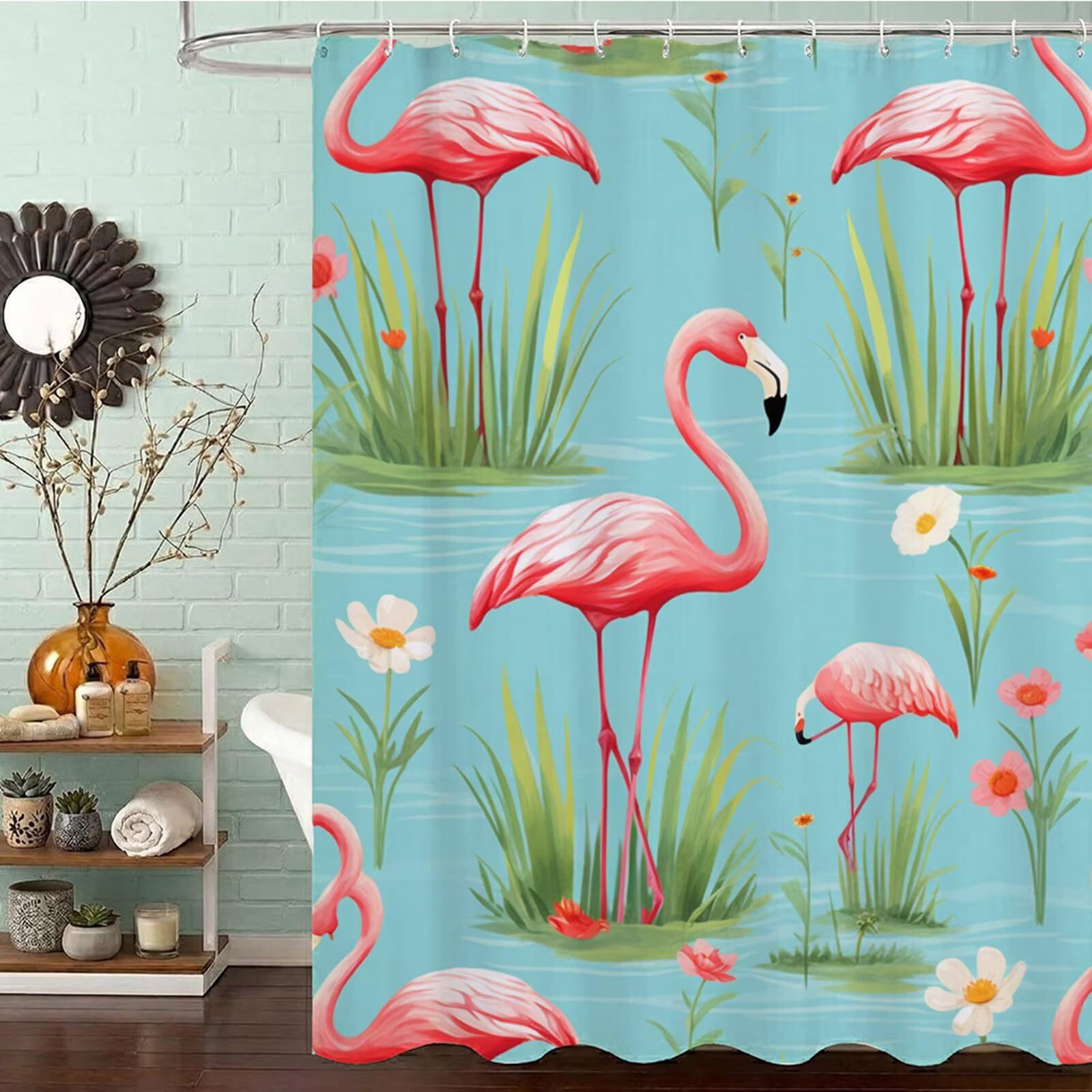 Duschvorhang 240x200 cm Anti Schimmel - Blau Design - Wasserdicht & Waschbar Schnelltrocknender Polyester Stoff - Inkl. 12 Ringe und Gewicht Shower Curtain für Badezimmer Badewanne, Flamingos J8-548
