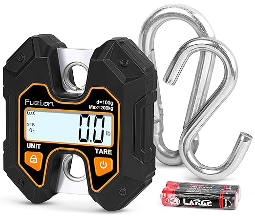 Fuzion Mini Crane Scale - Hanging Scale 440lb/200kg/1960N, Deer Scale with Large LCD Display, Hold & Tare Functions for Hunting, Farms, Fishing, No Setup Required