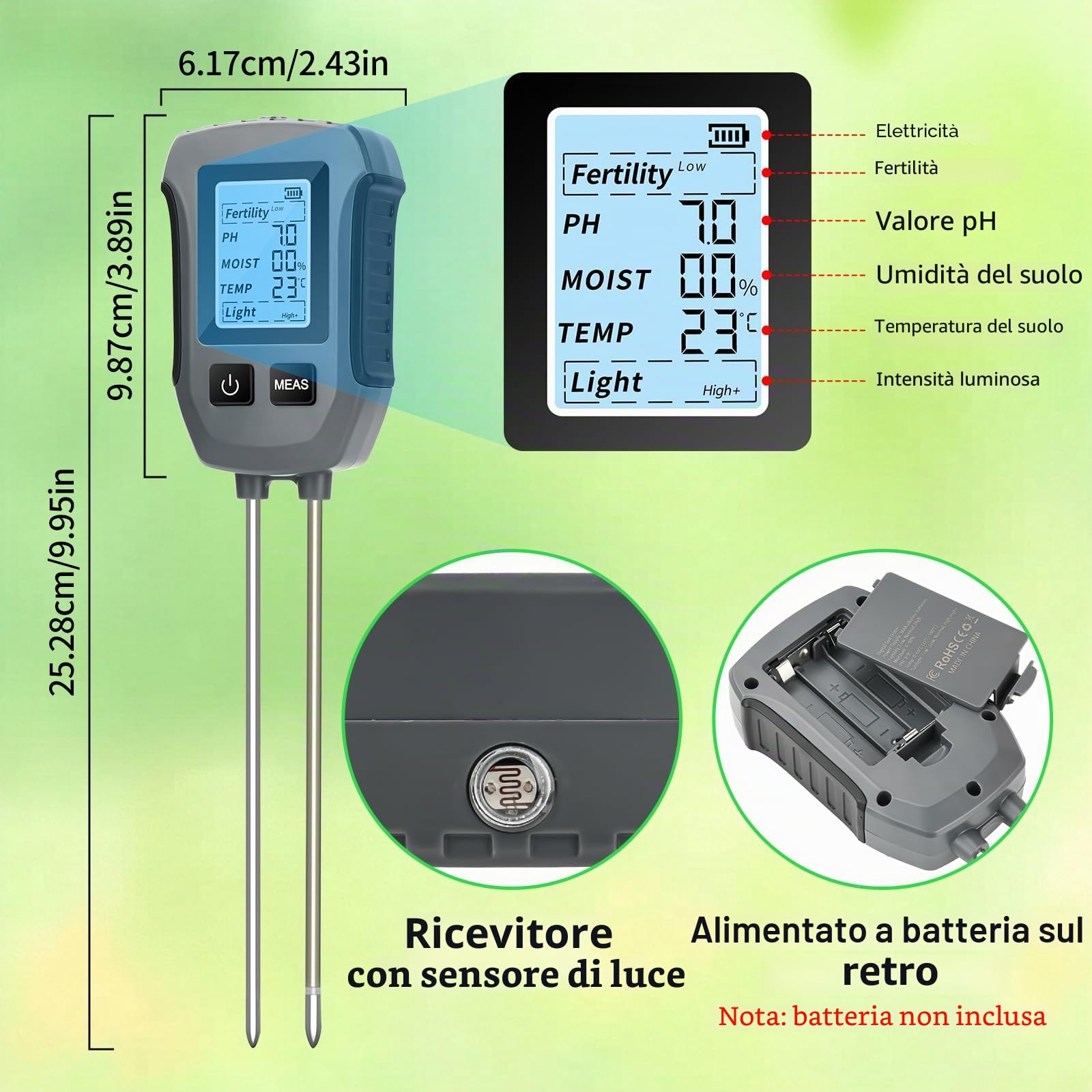 Heemol Misuratore di PH 5 in 1, Tester Multifunzione per fertilità, PH, umidità, Temperatura, Luce, misuratore di Terreno ad Alta precisione per Giardini, Piante e Piante d'appartamento