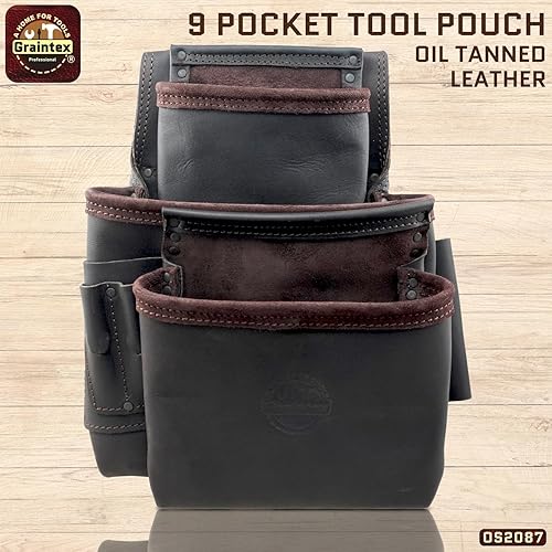 Miniatura 4 de Graintex OS2080 - Bolsa de 8 bolsillos para uñas y herramientas, cuero curtido con aceite de grano superior para enmarcadores, constructores,