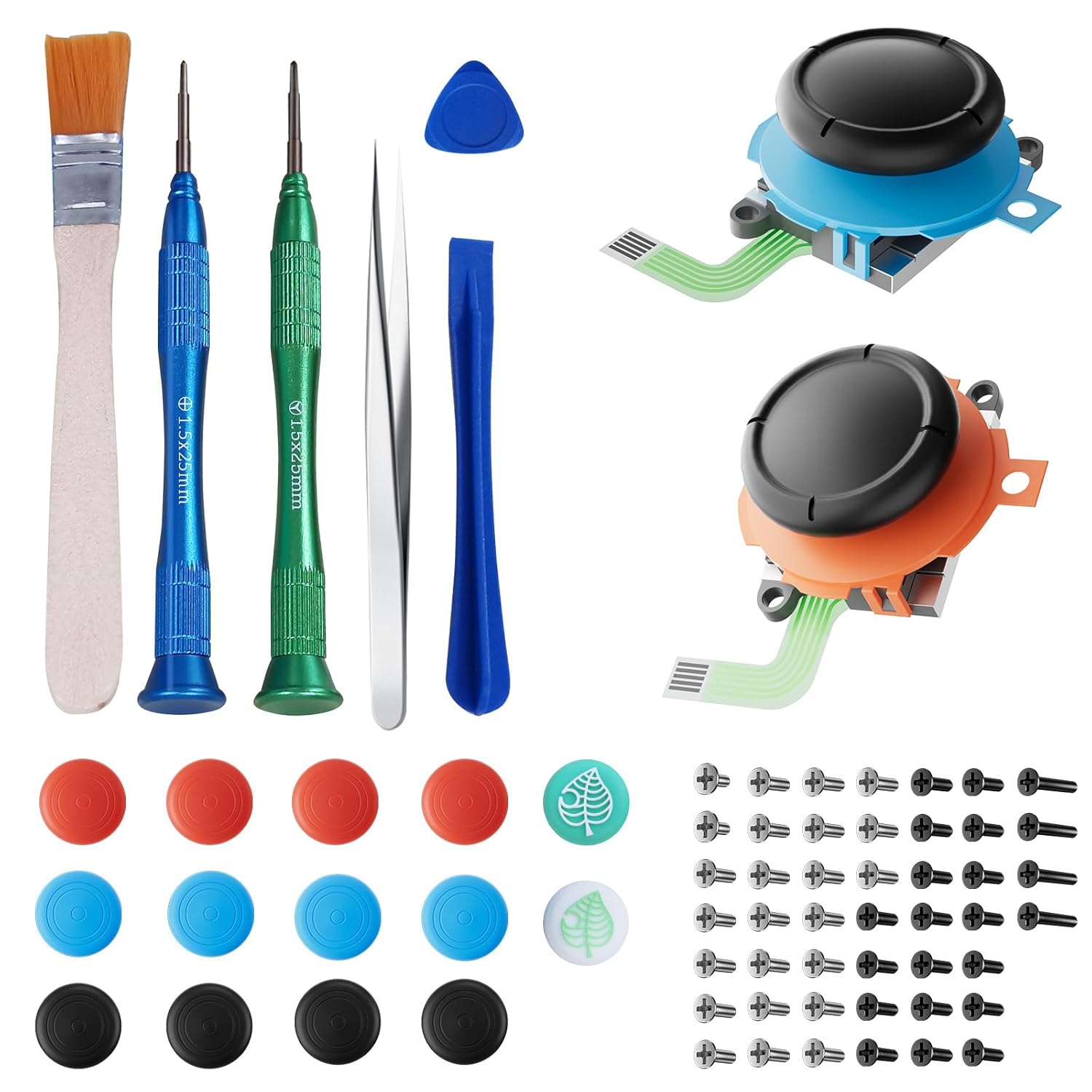 Joystick Replacement for Joycon(68 in one), Repair Tool Kit for Switch2 Joycon, Includes 2 Analog Sticks, Drift Fix Tools Y/+ Screwdriver, Tweezers, Pry Tools, 14 Thumbstick Grips, Matching Screws