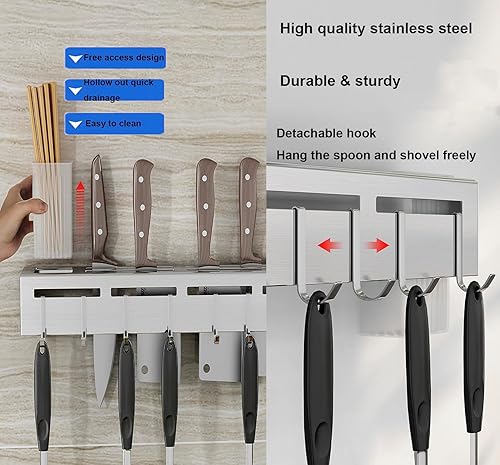 Miniatura 5 de Portacuchillos, soporte para cuchillos de acero inoxidable con 8 ganchos, sin perforación, para cocina, palillos multifuncionales y soporte para