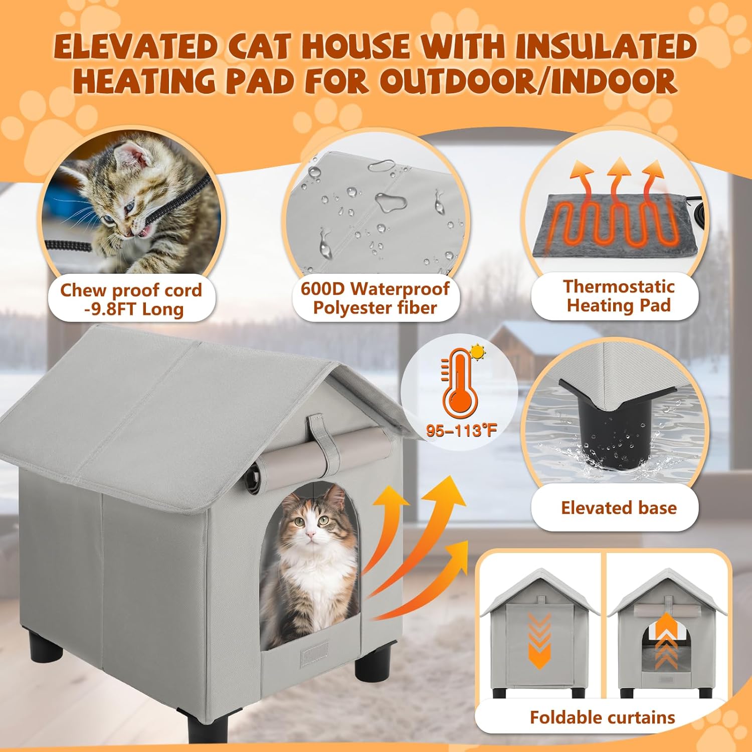 Elevated Heated Outside Cat House,Waterproof Heater Feral Cats Shelter for Indoor Outdoor Kitty,Warm and Insulated Outside Heat Cat Bed with Thermostatic Heating Pad for Cold Winter
