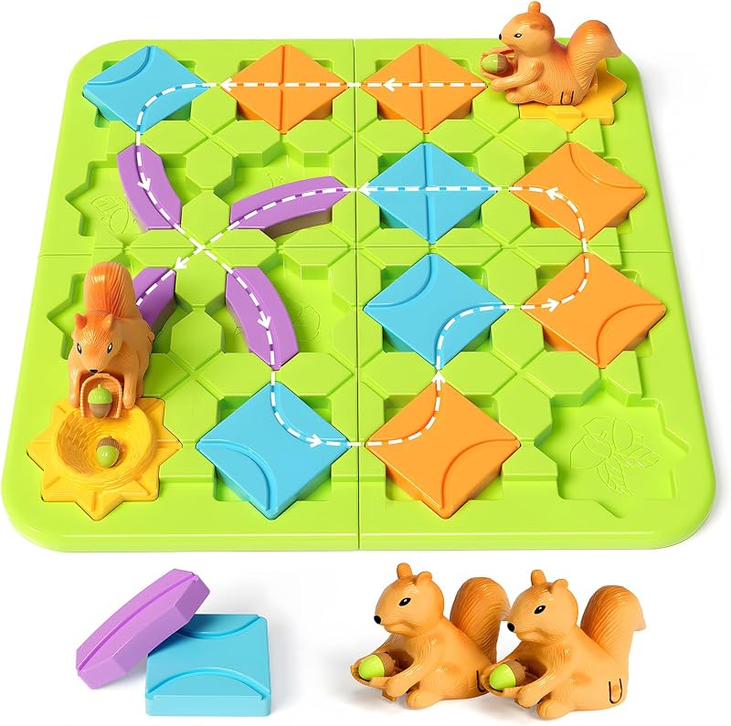 burgkidz Road Builder STEM Toys: 118 desafíos, juegos de mesa y rompecabezas de laberintos | Bloques de construcción de pista lógica de ardilla para niños de 4 a 8 años, rompecabezas educativo Montessori, regalos de cumpleaños para niños y niñas