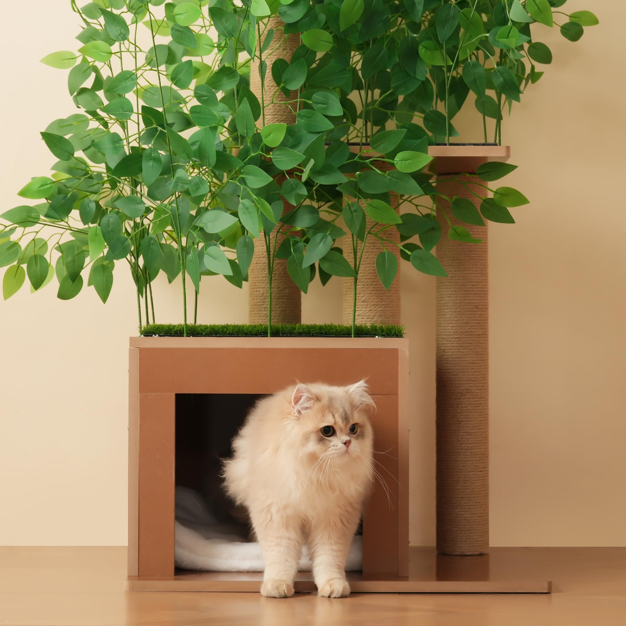 Árbol rascador de 190 cm de alto con 4 plataformas y agujeros para gatos. Material seguro para mascotas, hojas extraíbles, impermeable y resistente a la humedad, adecuado para gatos (verde)