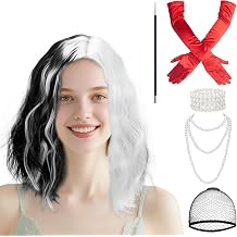 6 Pcs Cruella Deville Costume Accessories for Women, Black and White Cruella Deville Wigs - 1920s Red Gloves, Long Pearls Bracelet, Necklace for Adult Halloween Costume Cosplay Party