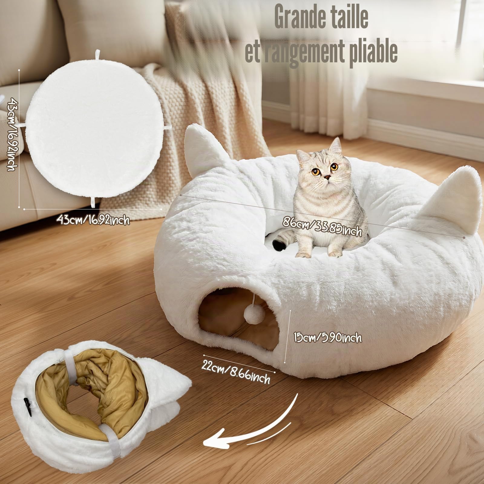 Lit tunnel pour chat d'intérieur en peluche douce avec coussin lavable, pour chaton, lapin, chiot (blanc)