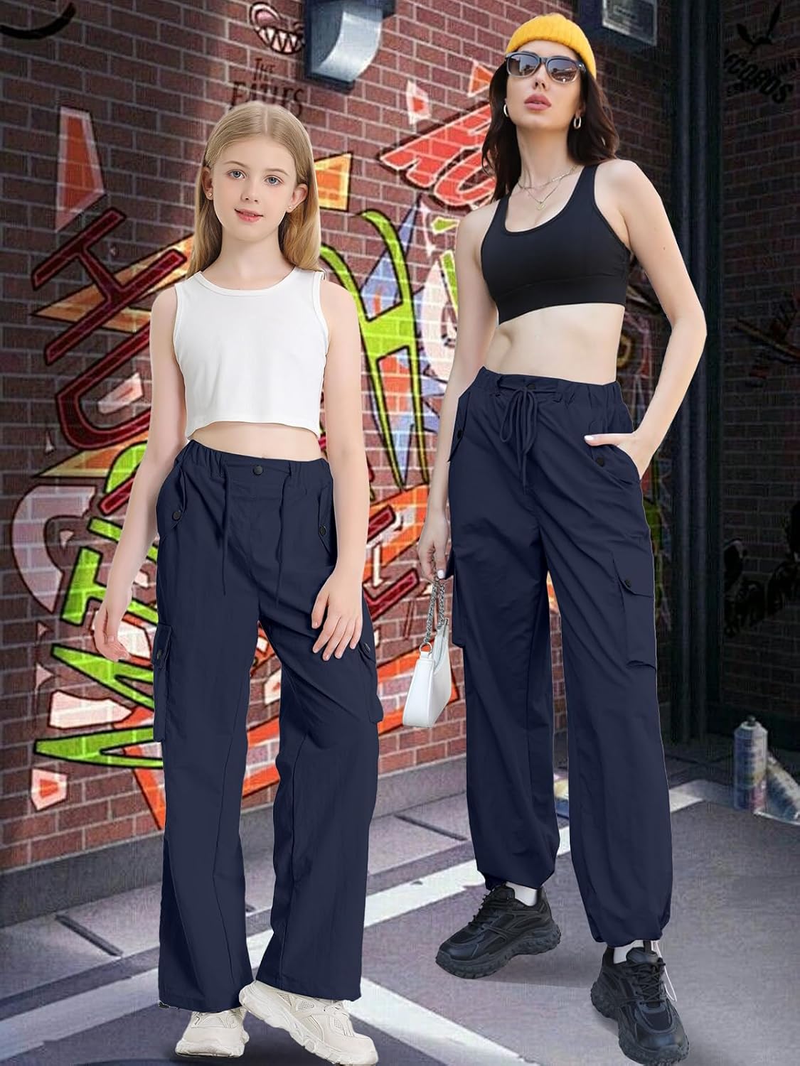 Cromoncent Girls High Waist Parachute Pants Y2K Cargo Trousers with Pockets, Navy, 13-14 Years = Tag 170 - Image 3