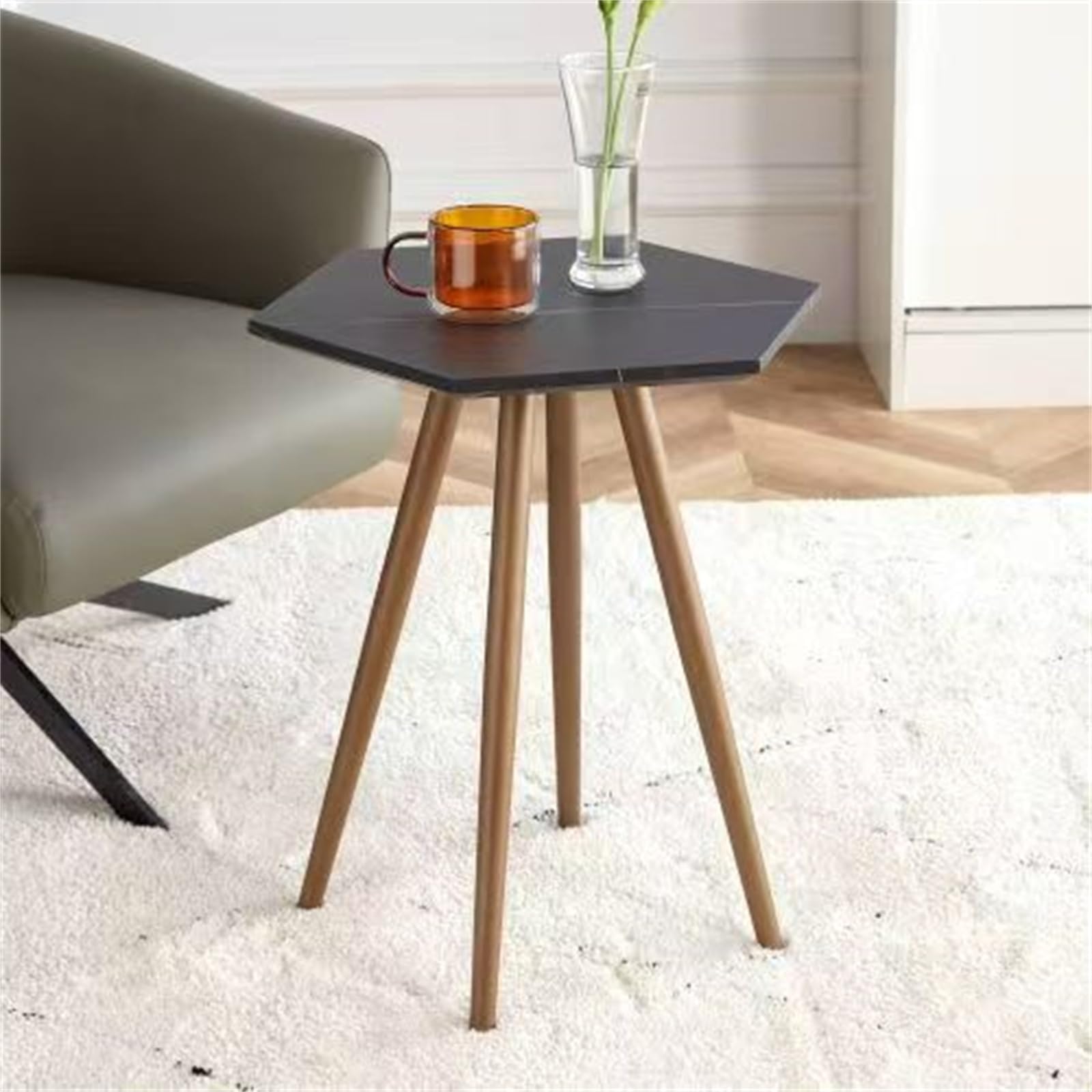 Modern Minimalism Black Faux Marble Coffee Table with Dark Gold Metal Legs End Table Bedside Cabinet for Living