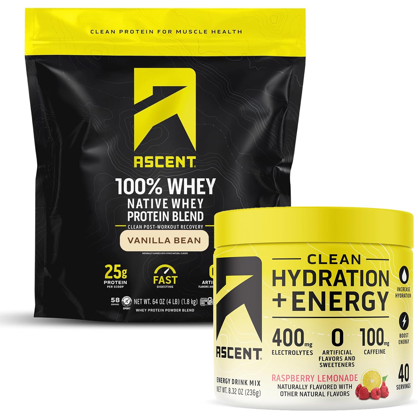 100% Whey Protein Powder, Vanilla Bean 4 lb & Hydration + Energy Electrolytes, Raspberry Lemonade 40 Servings