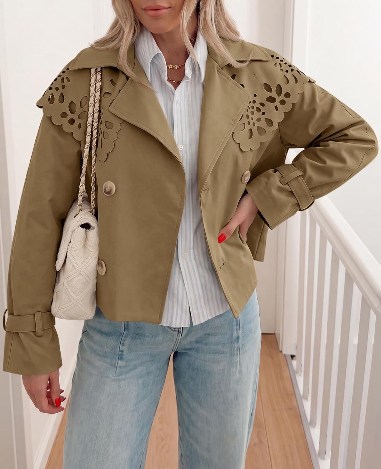 Tankaneo Women Cropped Trench Coat Cape Hollow Shoulder Jackets