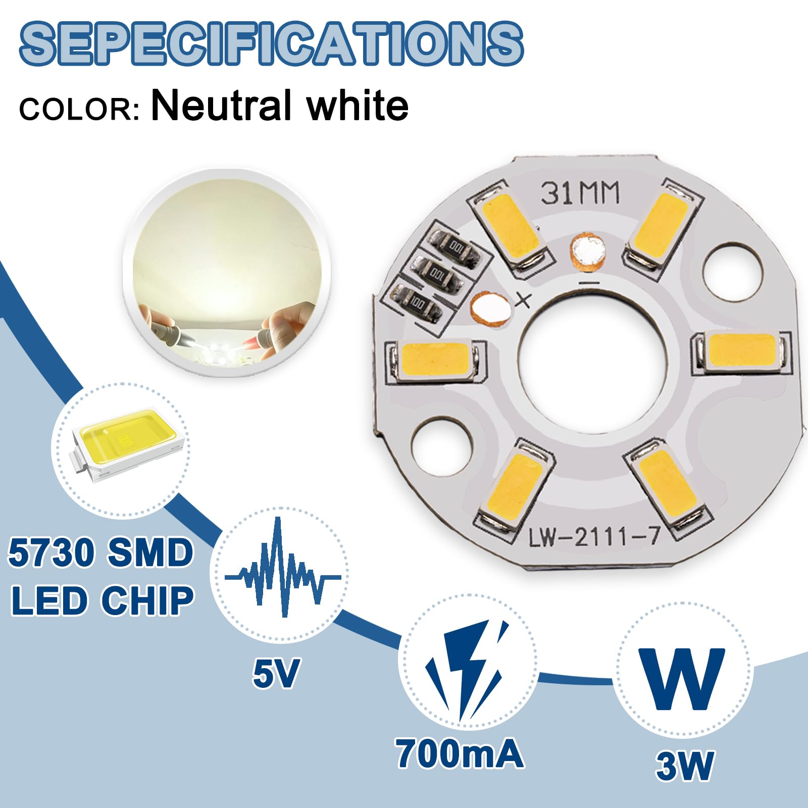 Amazon.com: LEDGUHON 5Pcs 5V 3W Natural White COB LED Chip Bulb, 6
