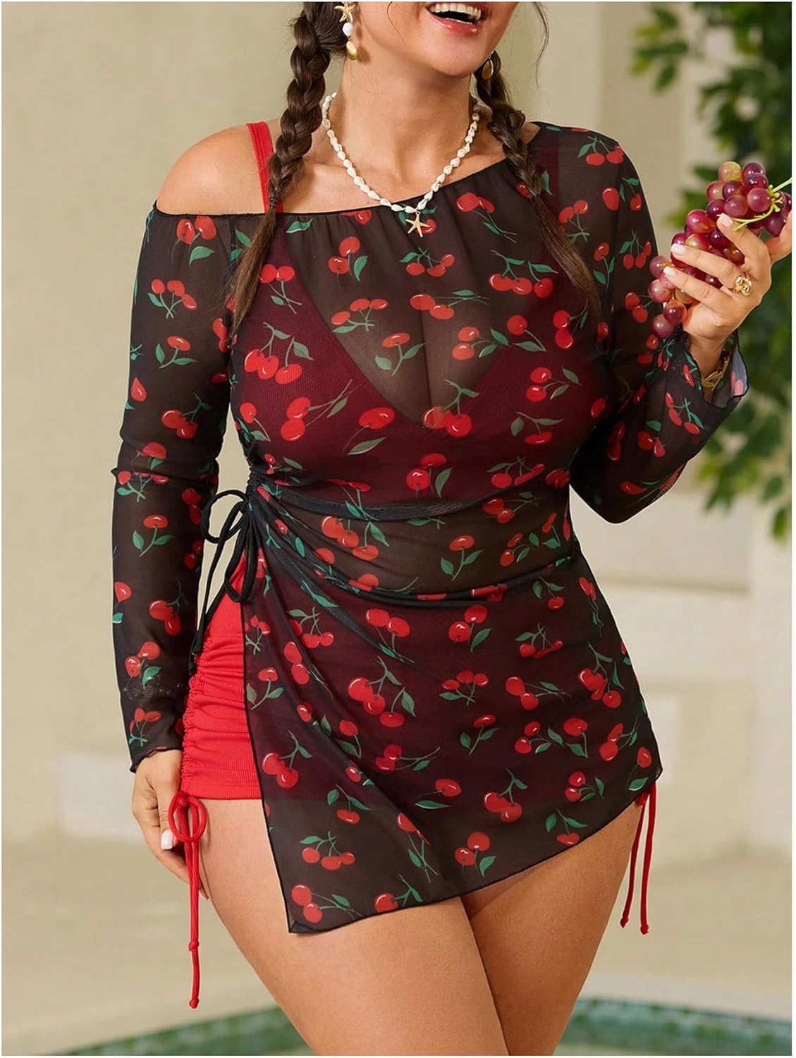 SweatyRocks Women's Plus Size Bikini Set 3 Piece High Waisted Boyshorts Bathing Suit with Cover Up