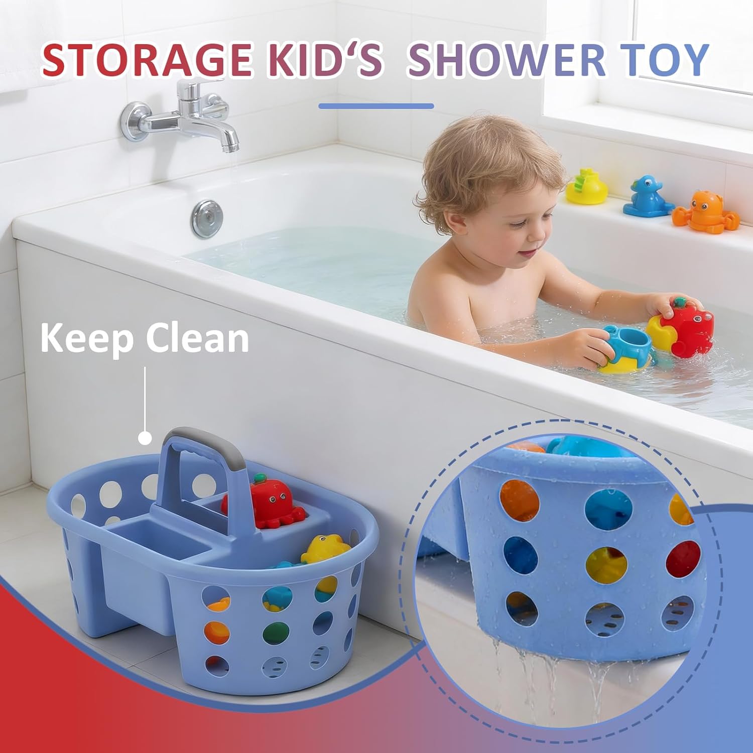 SIMPLYKLEEN Large Shower Caddy Portable 2PC - Made in USA Plastic Jumbo Size Dorm Storage Candy Tote with Handle Shower Organizer for Bathroom, Pantry, Kitchen, College Dorm, Red/Periwinkle