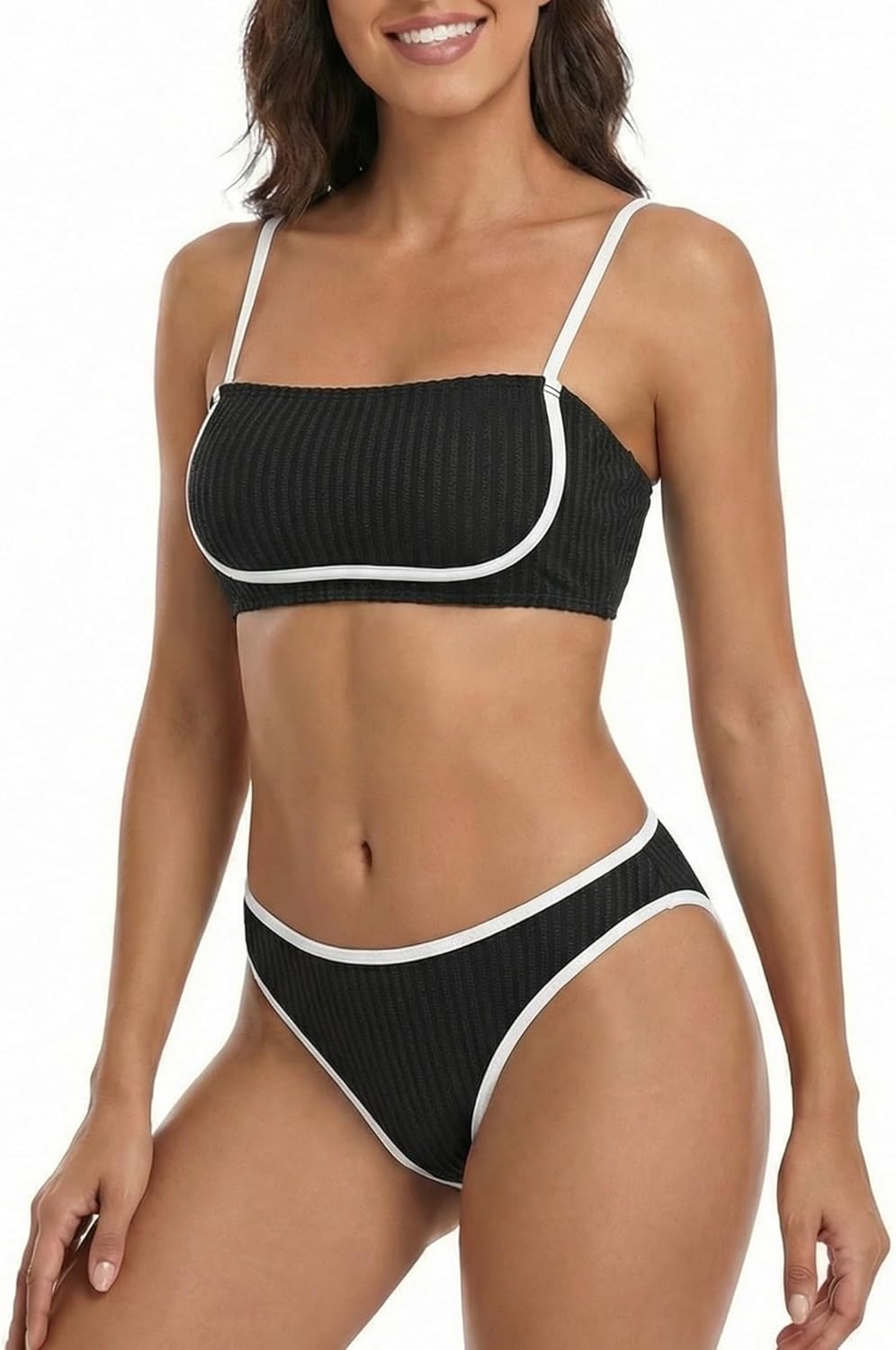 ZAFUL High Waisted Tummy Control Ribbed Bikini Set Full Coverage Cute Bathing Suit Striped Going Out Two Piece Swimsuit