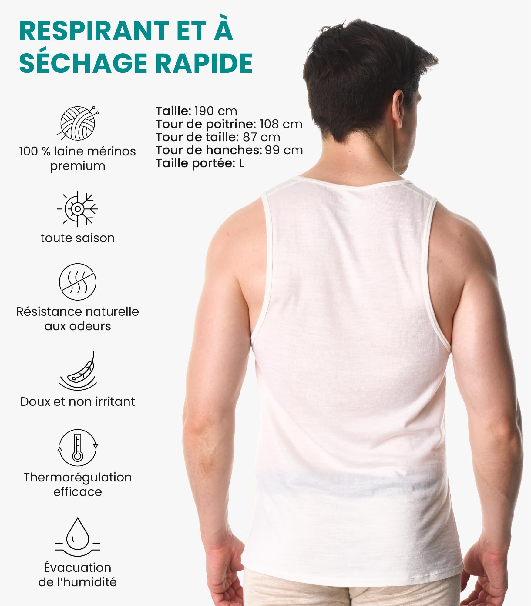 Debardeur Homme Merinos - Actif Maillots de Corps Homme sous-Couche Légère Respirante, Anti-Odeurs et Évacuant L’humidité