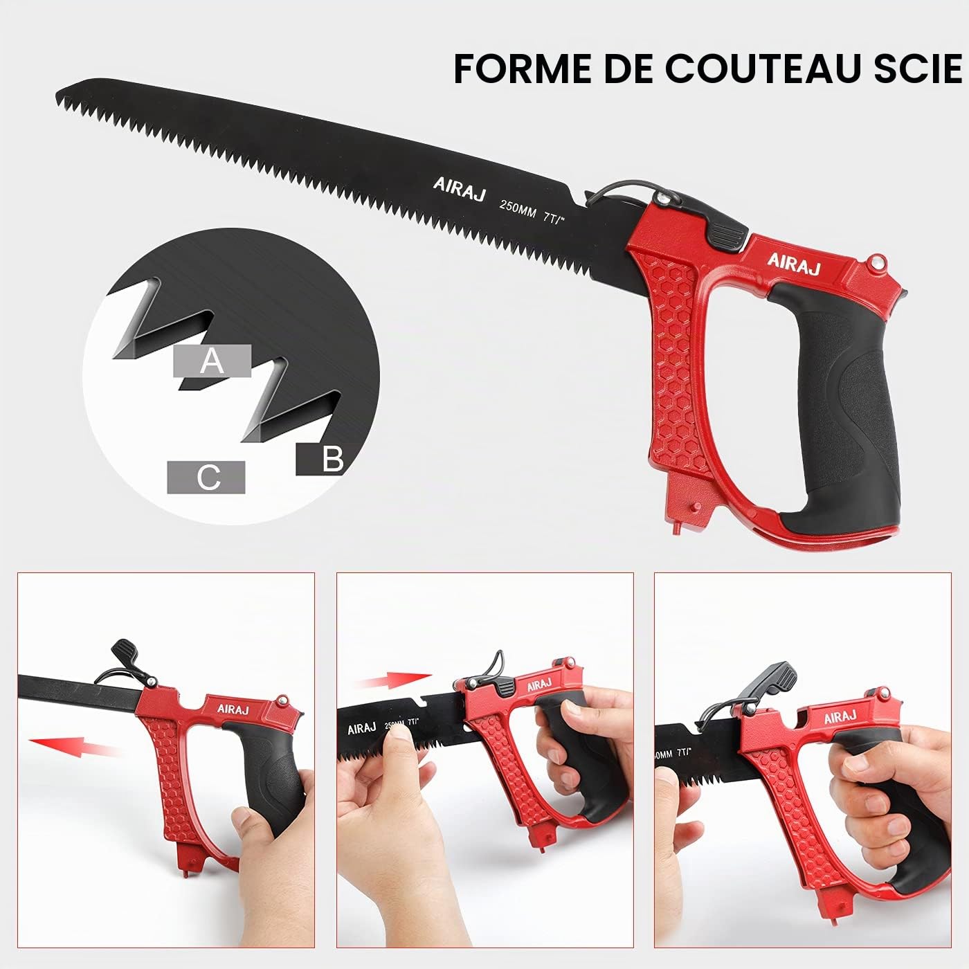 AIRAJ Scie À Métaux 300mm, Poignée Antidérapante, 9 Bandes De Scie De Rechange, Pour La Découpe De Tubes En Métal, Bois Et PVC