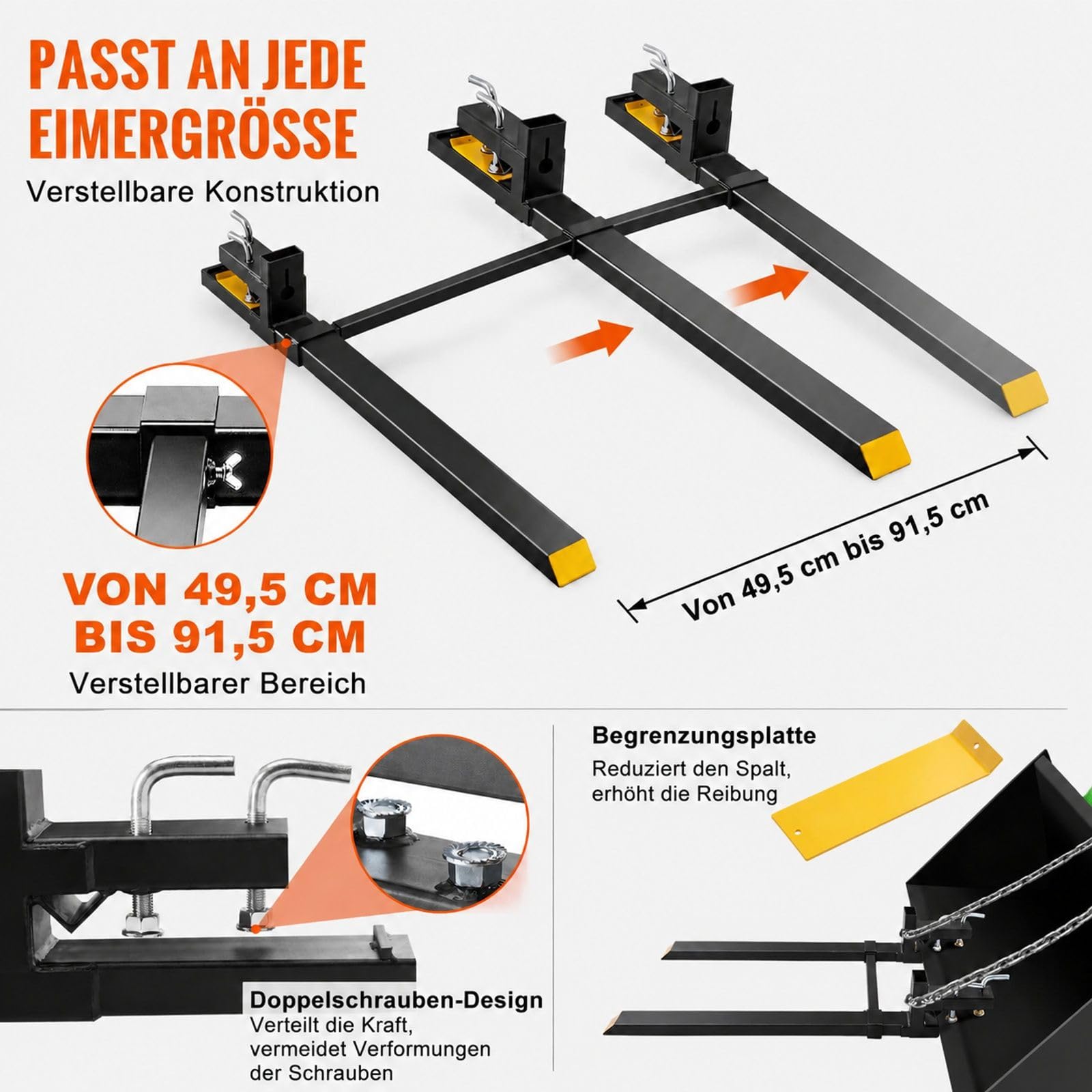 Palettengabeln zum Anklemmen für Traktor mit verstellbarer Stabilisatorstange, für Frontlader, Schaufel und Gabelstapler