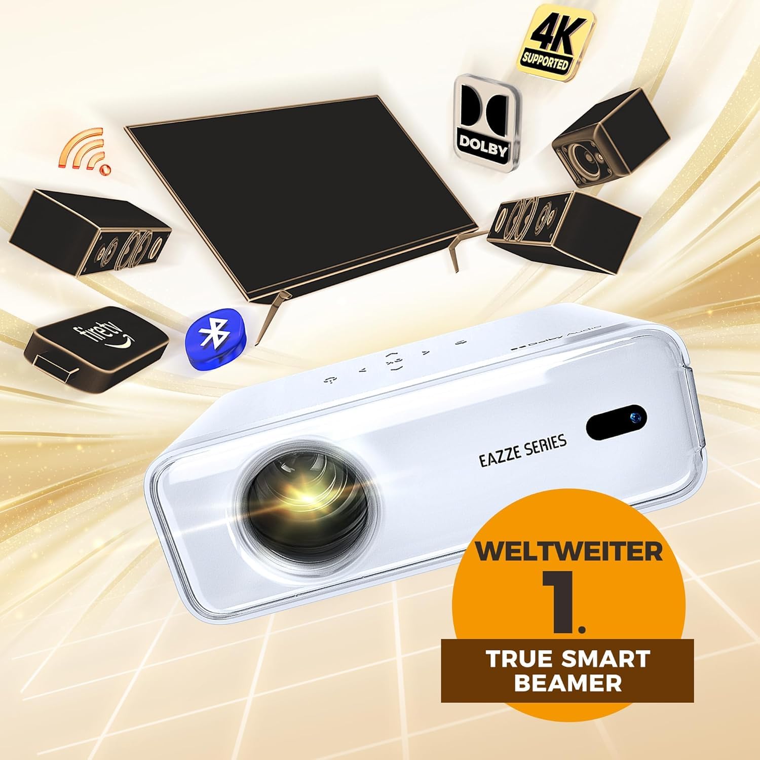 Aurzen EAZZE D1 Smart Beamer Heimkino Projektor 4K Unterstützt Full HD 1080P Beamer mit Netflix & Dolby Audio, Autofokus & Trapezkorrektur, Mini WiFi Bluetooth Video Projektor, Weiß