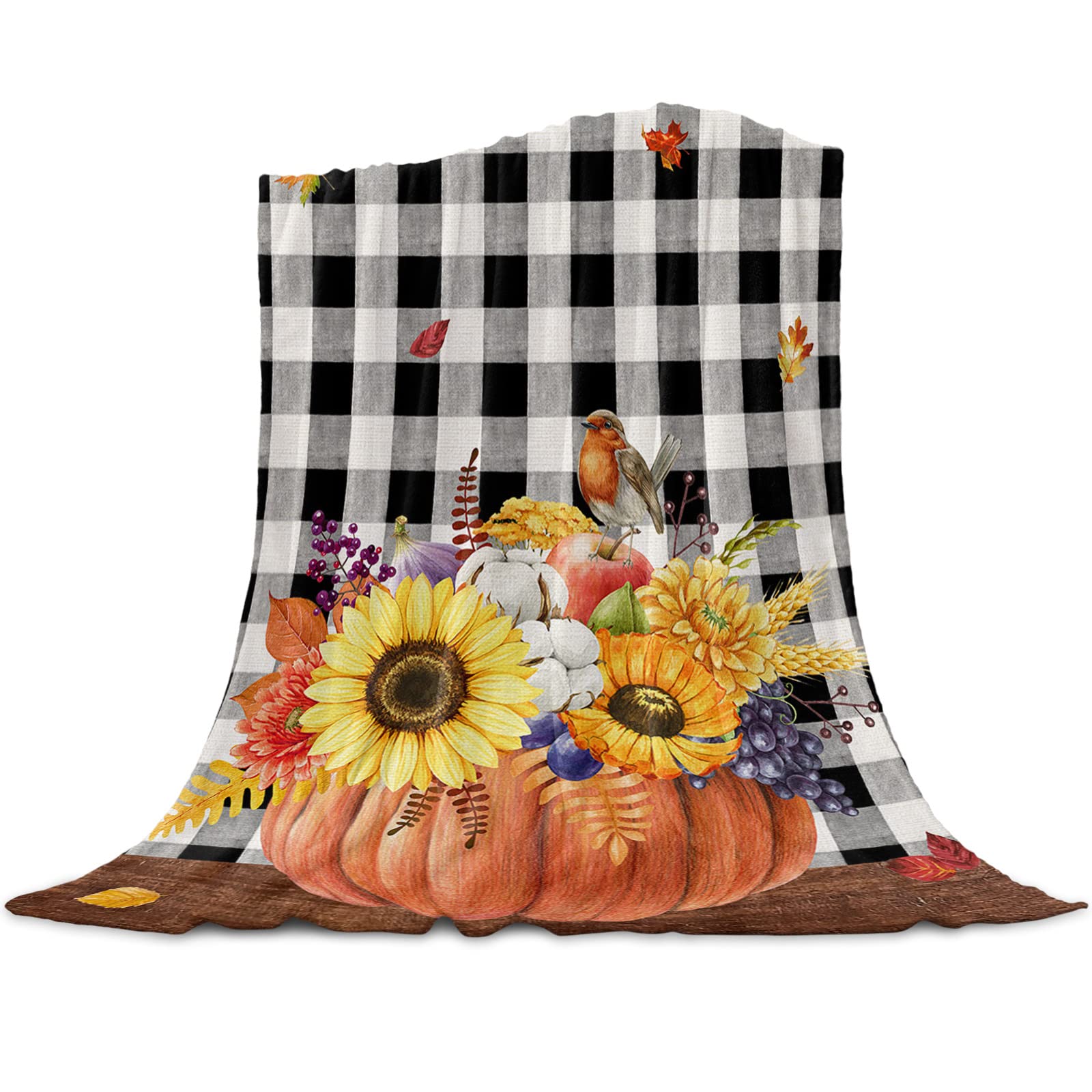 FJAUOQ Coperta in cotone, motivo con zucca, girasole, foglie d'acero, pettirosso, uva, plaid bianco e nero, super morbida, in microfibra, calda, per divano, leggera, per letto, sedie, 152 x 203 cm