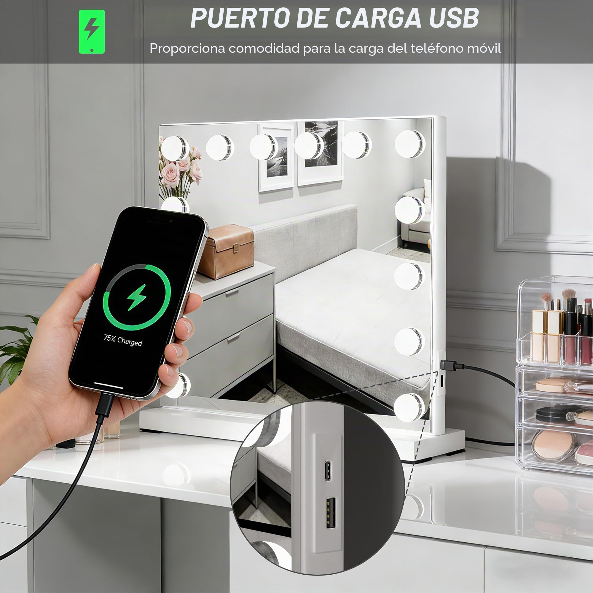 Espejo de Maquillaje con Luz Hollywood 50x42 cm, Espejo Tocador con 14 Bombillas LED Regulables, 3 Modos de Color, Puerto de Carga USB, Control Táctil y Espejo de Aumento 10X, Sobremesa o Pared, Blanc