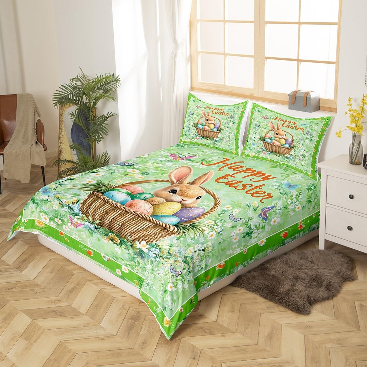 Easter Duvet Cover Set Toddler Size,Cute Bunny Rabbit Easter Eggs Bedding Set,Boys Girls Room Decor,Butterfly Daisy Flowers Rustic Animal Comforter Cover,Green Quilt Cover,1 Pillowcase(No Filler)