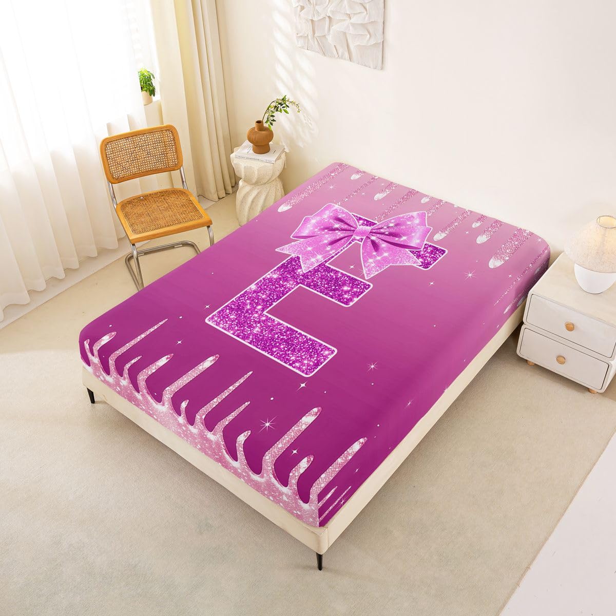 Homemissing Sábana bajera ajustable con lazo rosa con 2 fundas de almohada, tamaño King, con inicial E personalizada de 16 pulgadas de profundidad, sábana bajera ajustable para niños y niñas