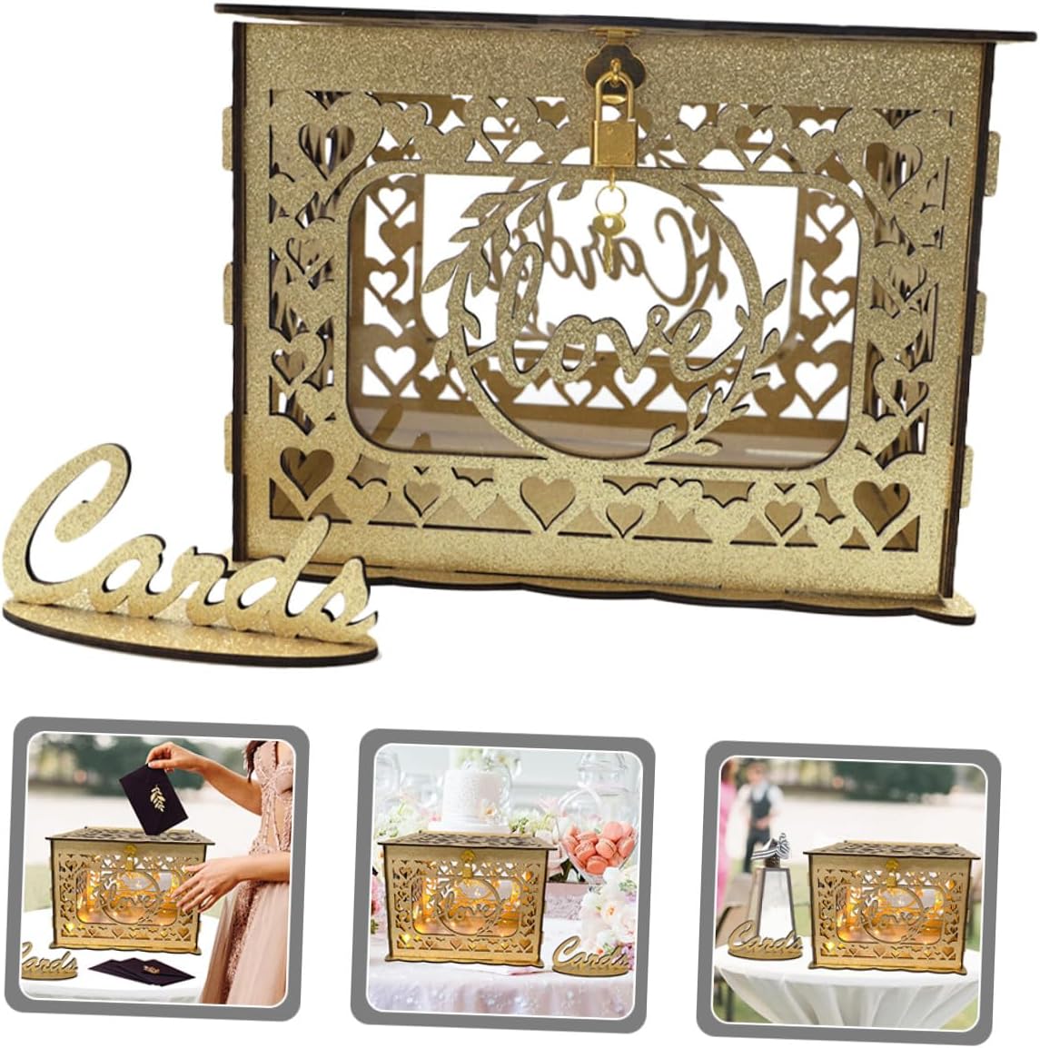 Hollow Wooden Wedding Card Holder Box Glitter Finish Greeting Card Container Anniversary Envelope Collector Decorative Storage for Party Events