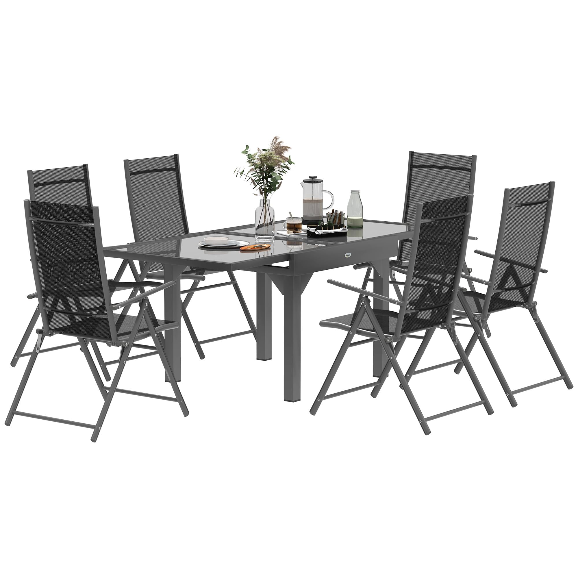 Outsunny Juego de Mesa y Sillas de Jardín Extensible de 7 Piezas, Juego de Comedor con Mesa de Cristal, 6 Sillas de Exterior Plegables con Reposabrazos, Juego de Muebles de Acero y Textileno, Gris