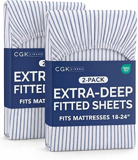 CGK Linens 2 Pack Extra Deep Twin Fitted Sheets - Blue Stripes | Hotel Luxury Bottom Fitted Sheets Only, Soft, Fade & Wrinkle Free, Breathable & Comfy, All Around Elastic Fitted Sheets