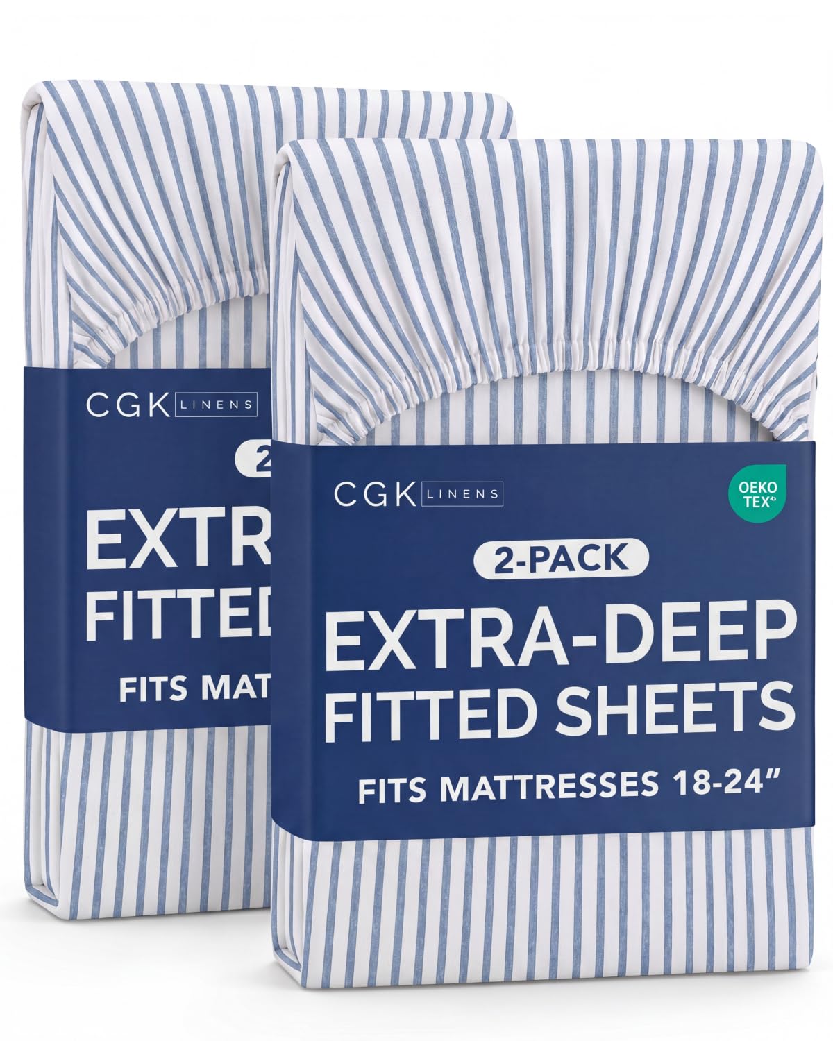 CGK Linens 2 Pack Extra Deep King Fitted Sheets - Blue Stripes