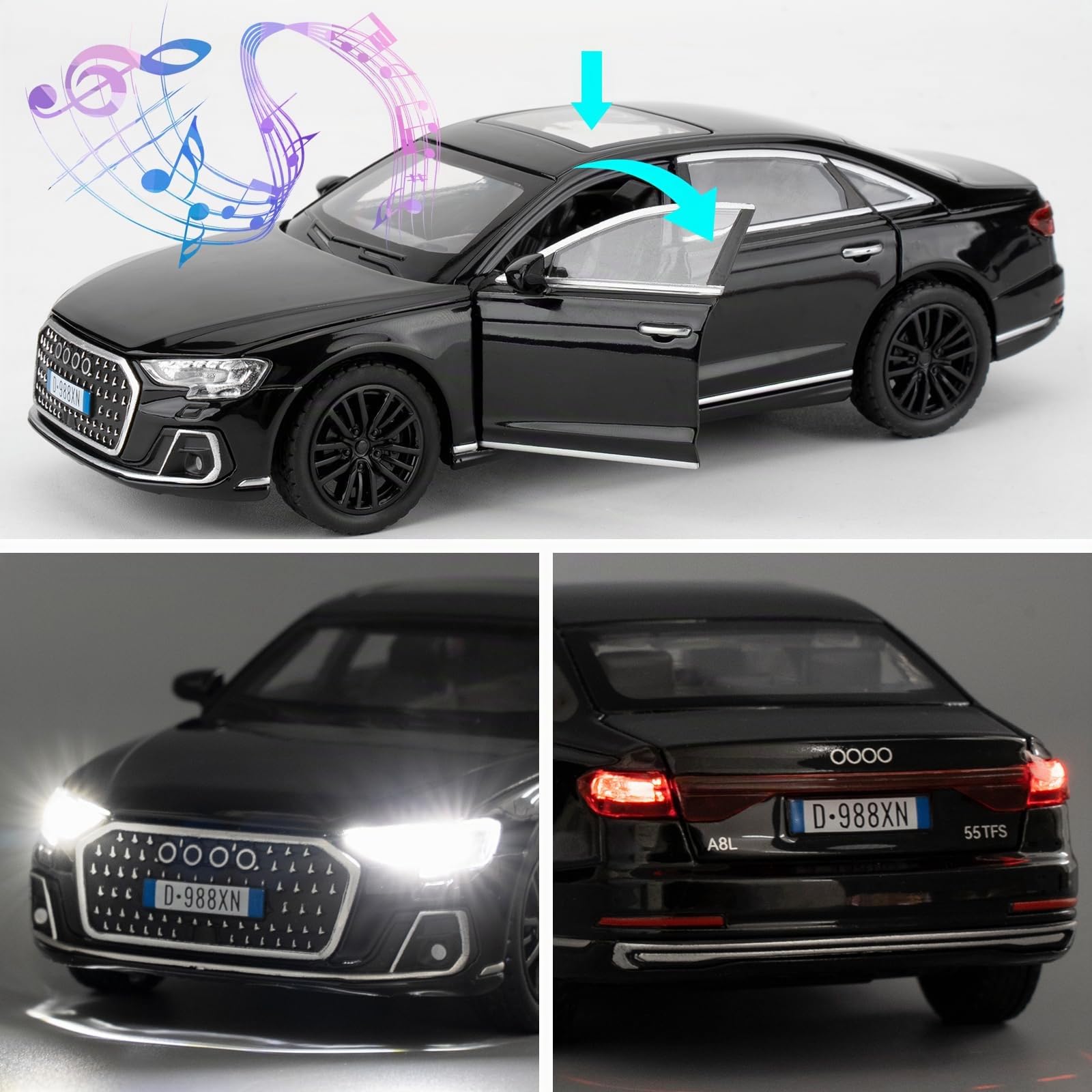imtfzct Audi A8 1/32 auto in miniatura con funzione sonora e luce giocattolo per bambini con funzione pull-ack, qualità da collezione, regalo per bambini, nero