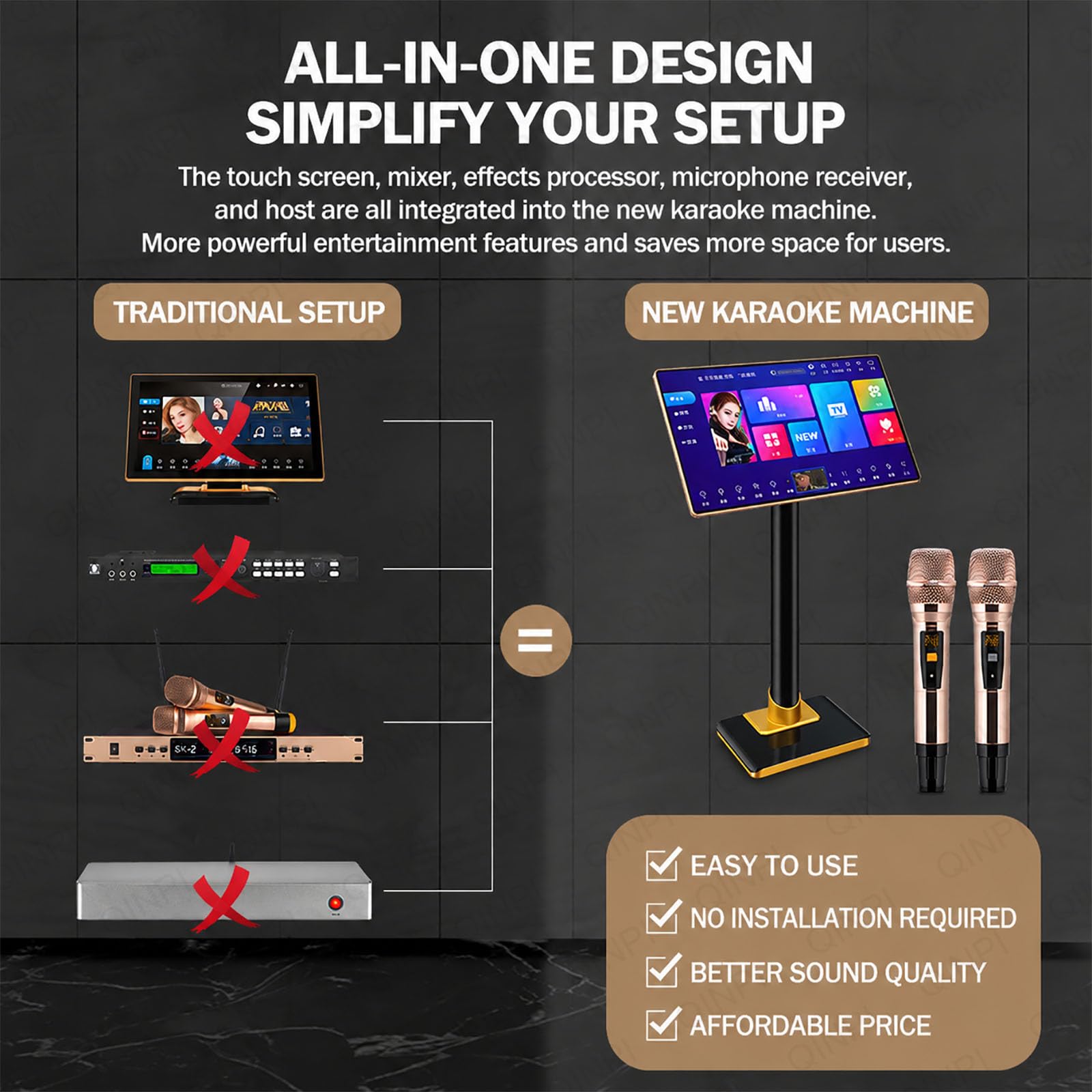 Sistema karaoke da 21,5", touch screen da 3 TB all-in-one, con 2 microfono wireless e schermo di visualizzazione testi, riverbero integrato, con per feste in famiglia, feste all'aperto
