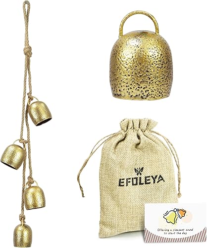 Campana de hierro hecha a mano con acabado de latón, 4 campanas de vaca de latón en cuerda para pomo de puerta de Navidad, campanas rústicas vintage