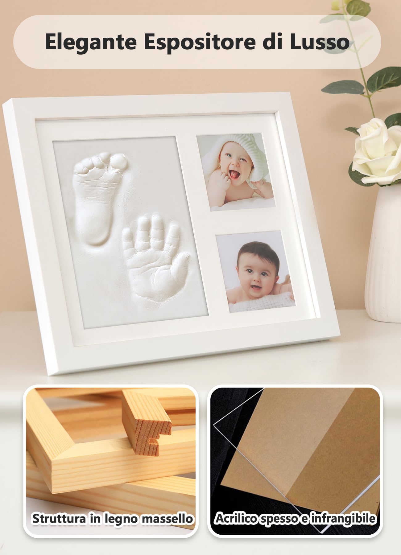 Kit Impronte Mani e Piedi Neonato, Argilla Sicura, Cornice Ricordo in Legno Massello, Regalo Baby Shower e Natale Bianco