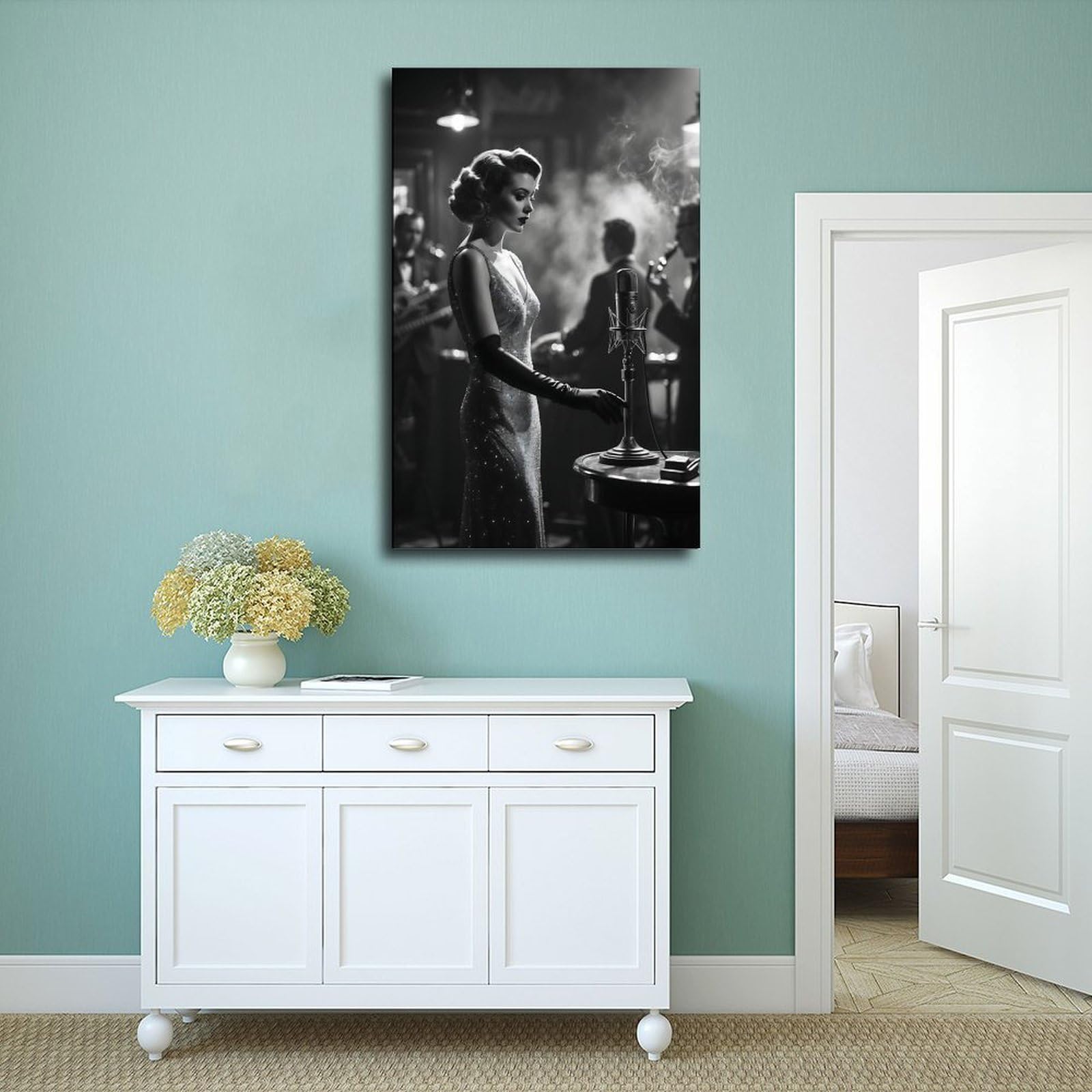QIENAZIO Poster da parete in stile retrò con cantante jazz, musica in bianco e nero, elegante decorazione artistica da parete per camera da letto, ufficio, cucina, regalo, 60 x 90 cm
