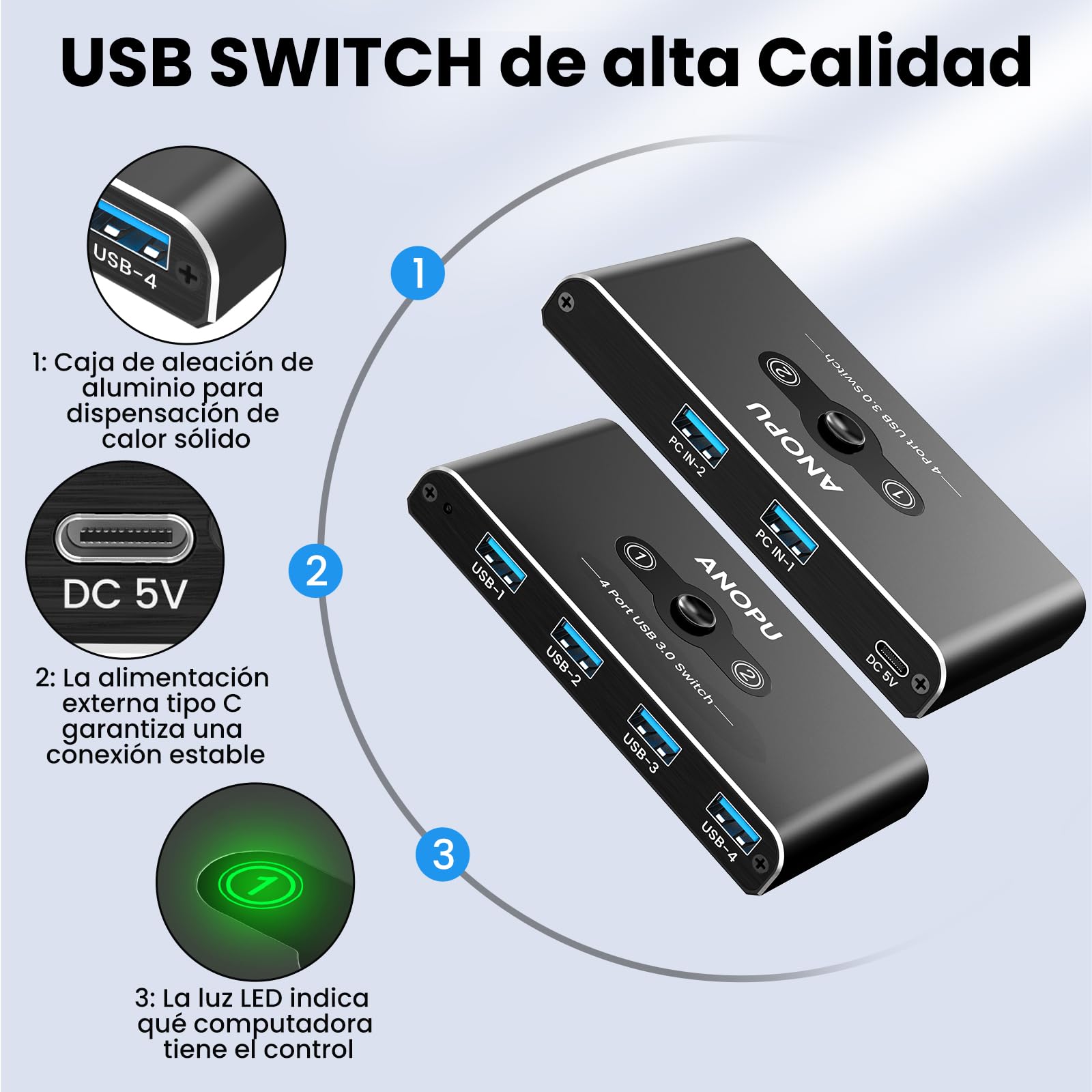 USB Switch, Conmutador KVM USB 2PC USB 3.0 2 Entradas 4 Salidas, 5 Gbps Switch USB Actualizado con 2 Cables USB 3.0 para Impresora, Ratón, Teclado, Disco Duro, Memoria USB, etc.