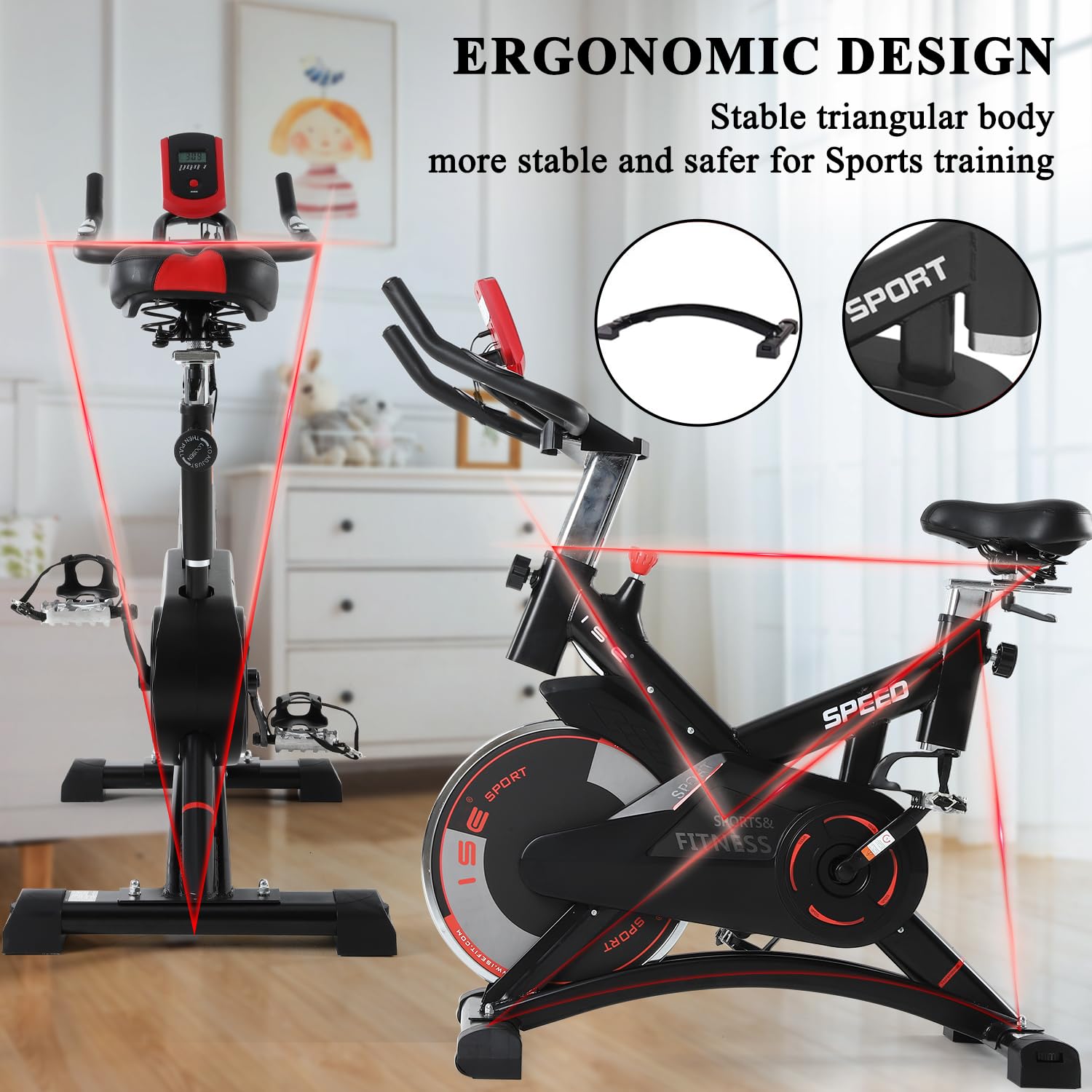ISE Profesjonalny rower treningowy z czujnikiem tętna, regulowany opór, wyświetlacz, rower statyczny, fitness w domu z kierownicą bezwładnościową, rower stacjonarny do pomieszczeń z regulowanym