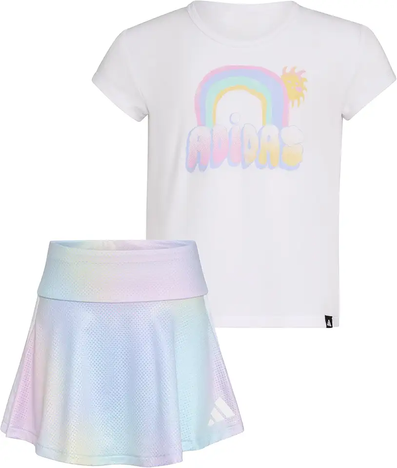adidas Girls Pleated Tee Shirt and Aop Flounce Skort Set