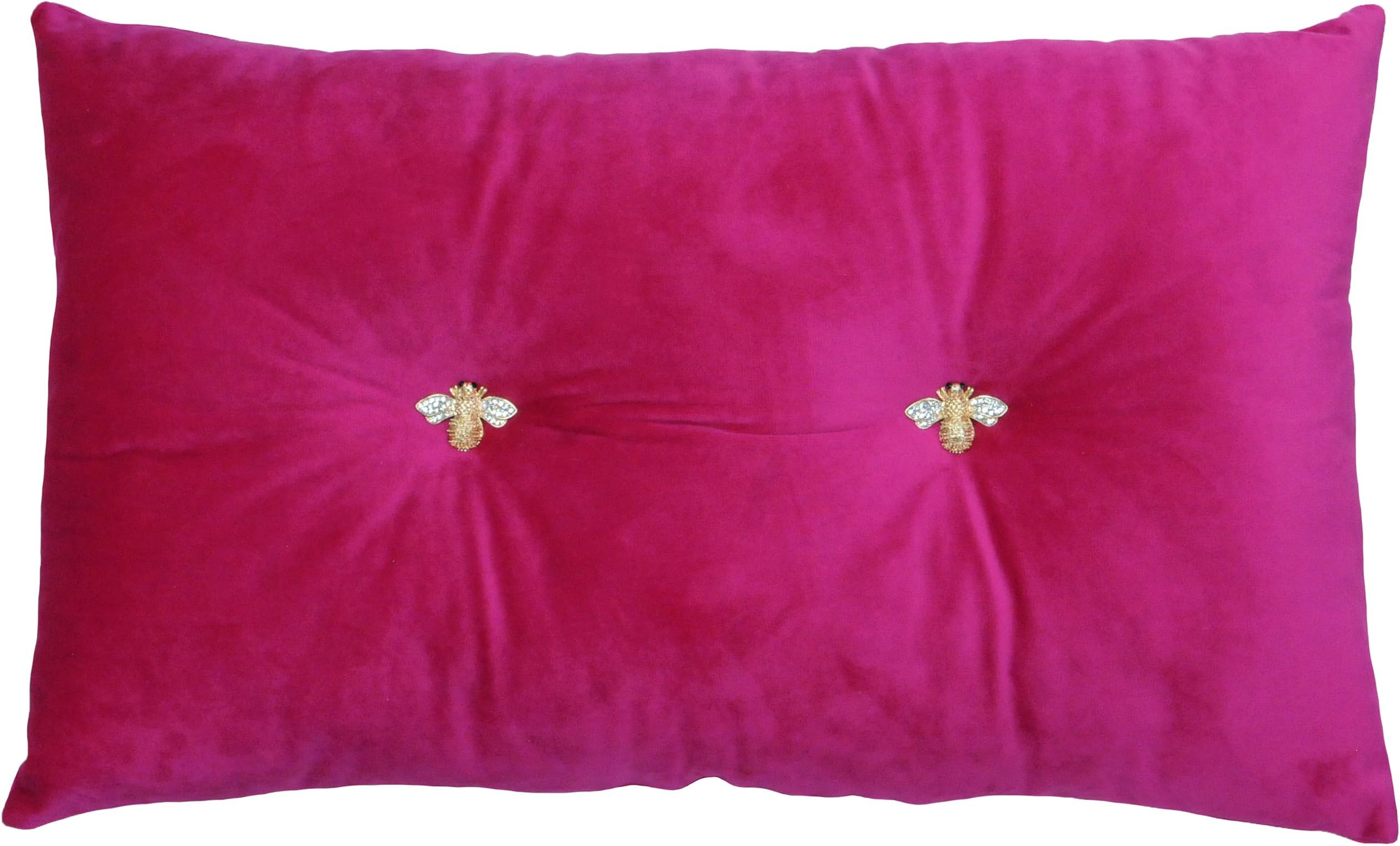 Bumble Polyester Filled Cushion โ Luxury Ruched Velvet Jewelled Bee Button Decorative Pillow (Fuchsia โ 30x50cm)