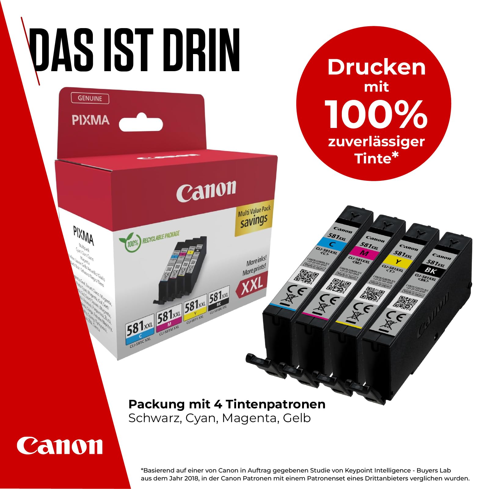 Canon Tintenpatronen - CLI-581 C M Y BK Original XXL Druckerpatronen mit hoher Reichweite 4er Pack (1 x XXL Schwarz, 1 x Cyan, 1 x Magenta, 1 x Gelb)