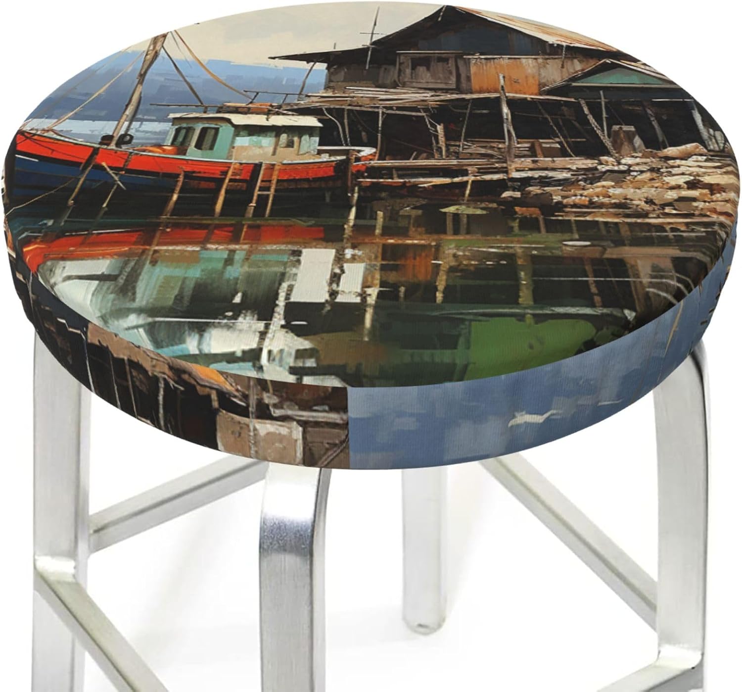 Bar Stool Cover Round Elastic Stool Cushion Covers Old Fishing Village Bar Chair Cover Washable Stool Cushion Slipcover Stretch Stool Seat Covers for 12-14 Inch Chair