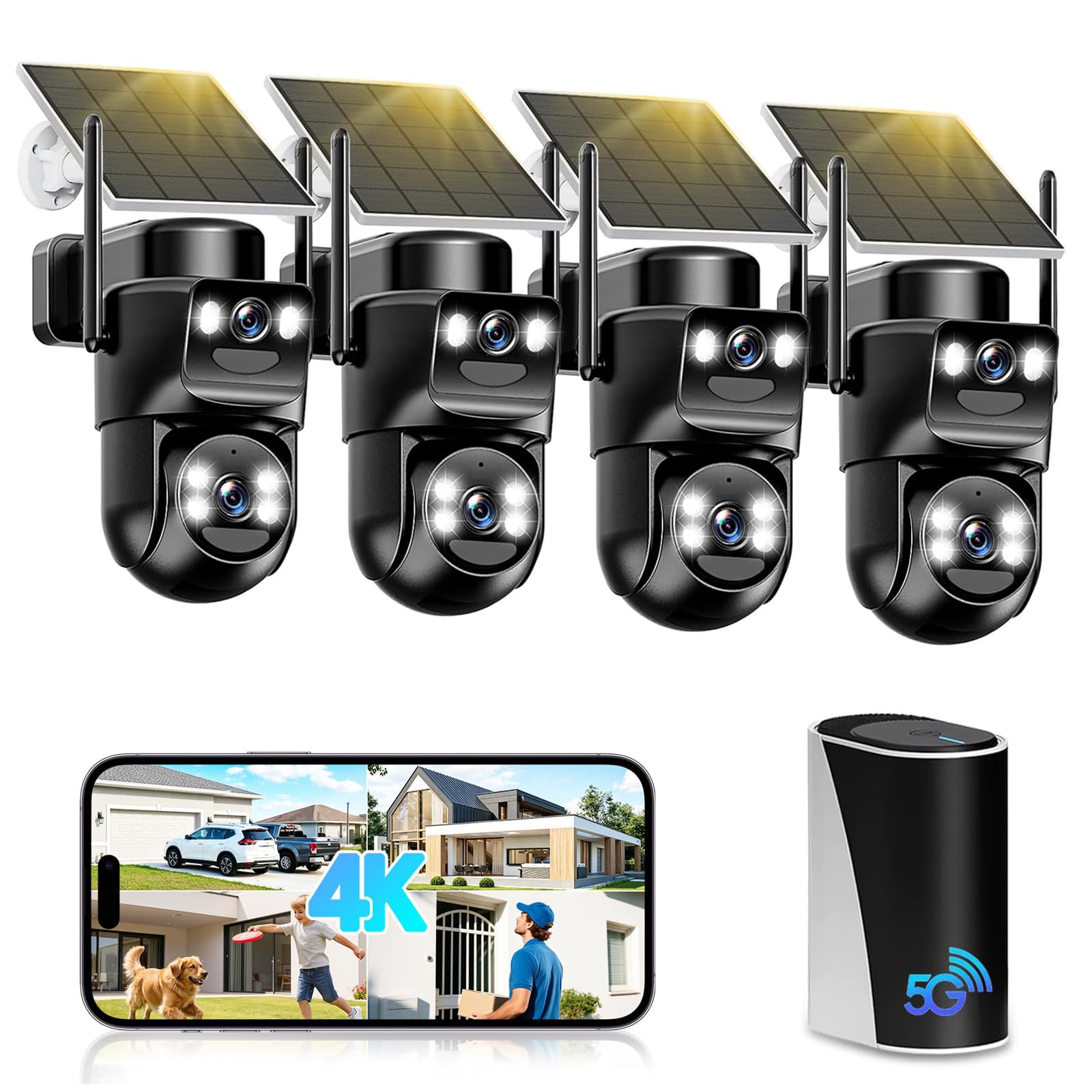 4K Camera Surveillance WiFi Exterieure sans Fil,Kit de 4 Caméras Extérieur Solaires avec Home Station,sans Abonnement,360° PTZ,Suivi Automatique,Vision Nocturne,2,4/5 GHz,IP66