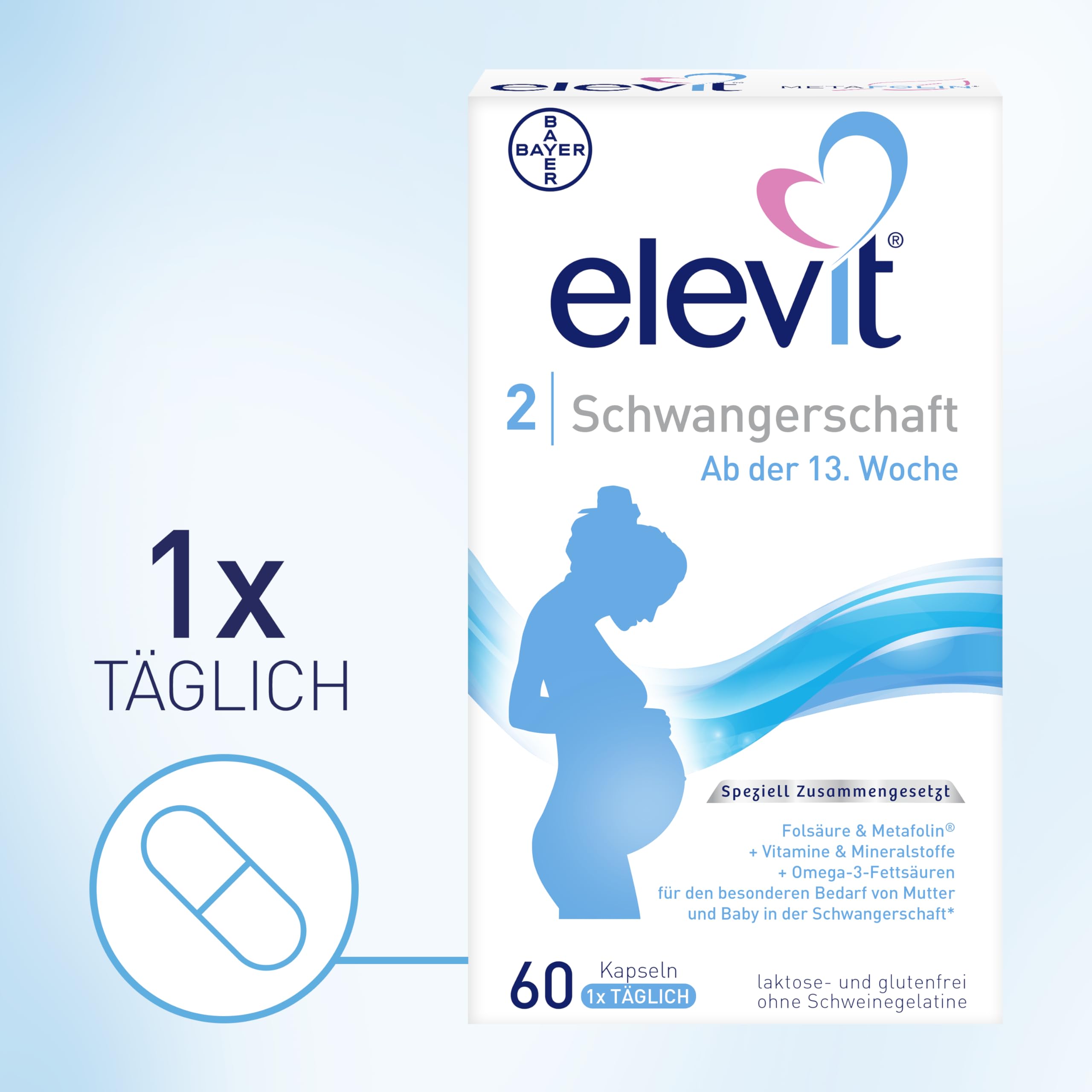 Elevit 2 | Schwangerschaftsvitamine für Mutter und Kind | Vitamine, Mineralstoffe & Omega-3-Fettsäuren | ab der 13. Schwangerschaftswoche | 60 Kapseln