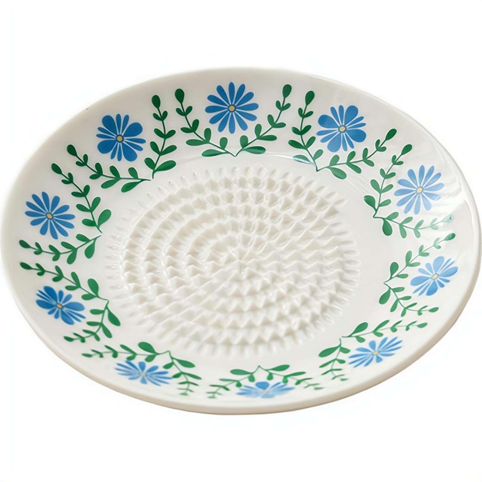 Ceramic Garlic Grater Plate Set, Multi-Purpose Ginger Grinder Dish, Compact Ceramic Graters for Garlic Ginger Baby Food Apple Sauce, Dual-Use Grater and Dipping Dish with Vintage Floral Patterns