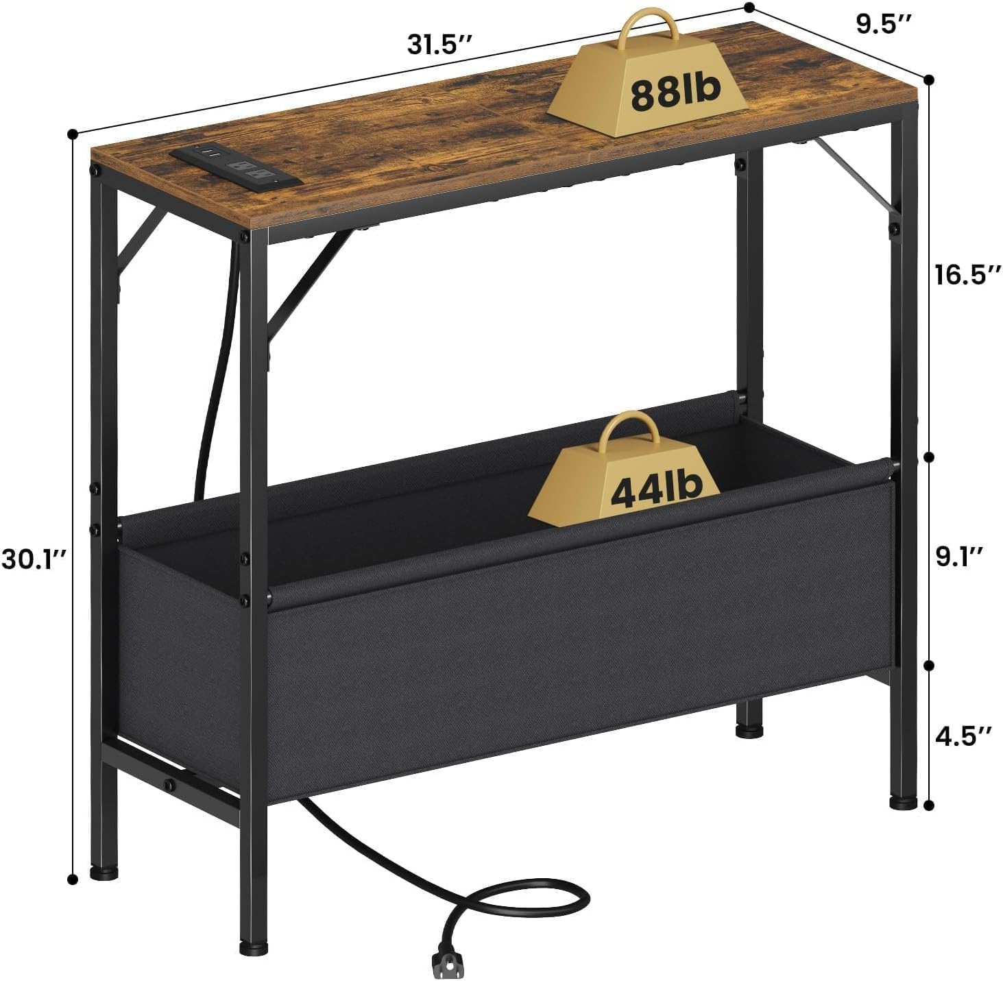 31.5" Console Table, 9.5" D Entryway Table with Power Outlets & USB Ports & Fabric Basket, Narrow Sofa Table for Hallway, Foyer, Living Room, Rustic Brown