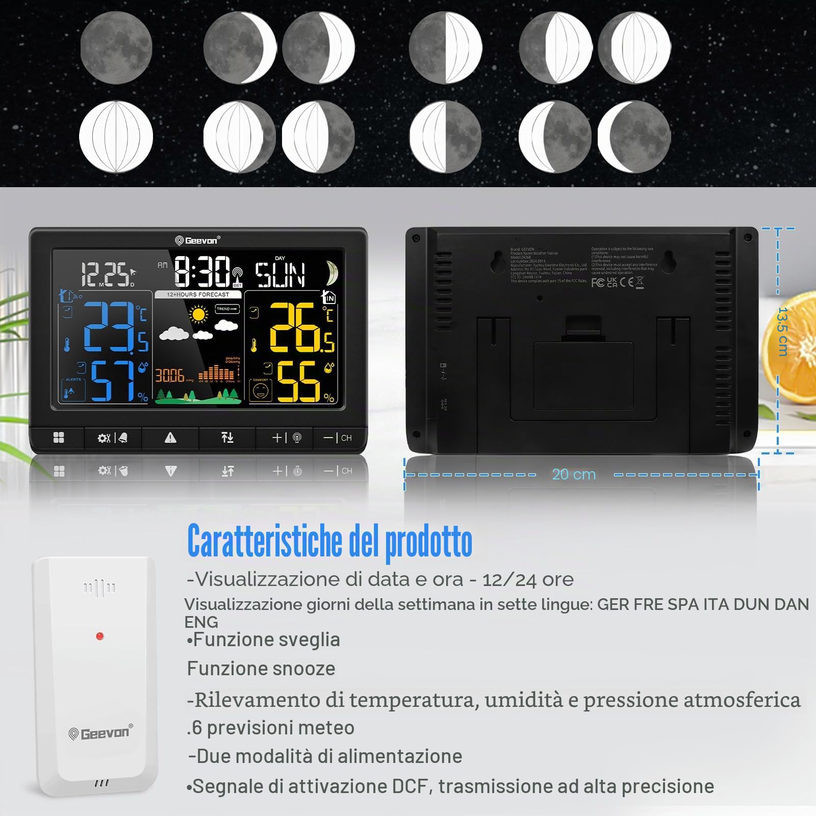 Geevon Stazione meteo radio con sensore esterno, orologio radio DCF, ampio angolo di lettura LCD a 350°, per interni ed esterni, umidità, barometrico, fase lunare, previsioni meteo (246304 con