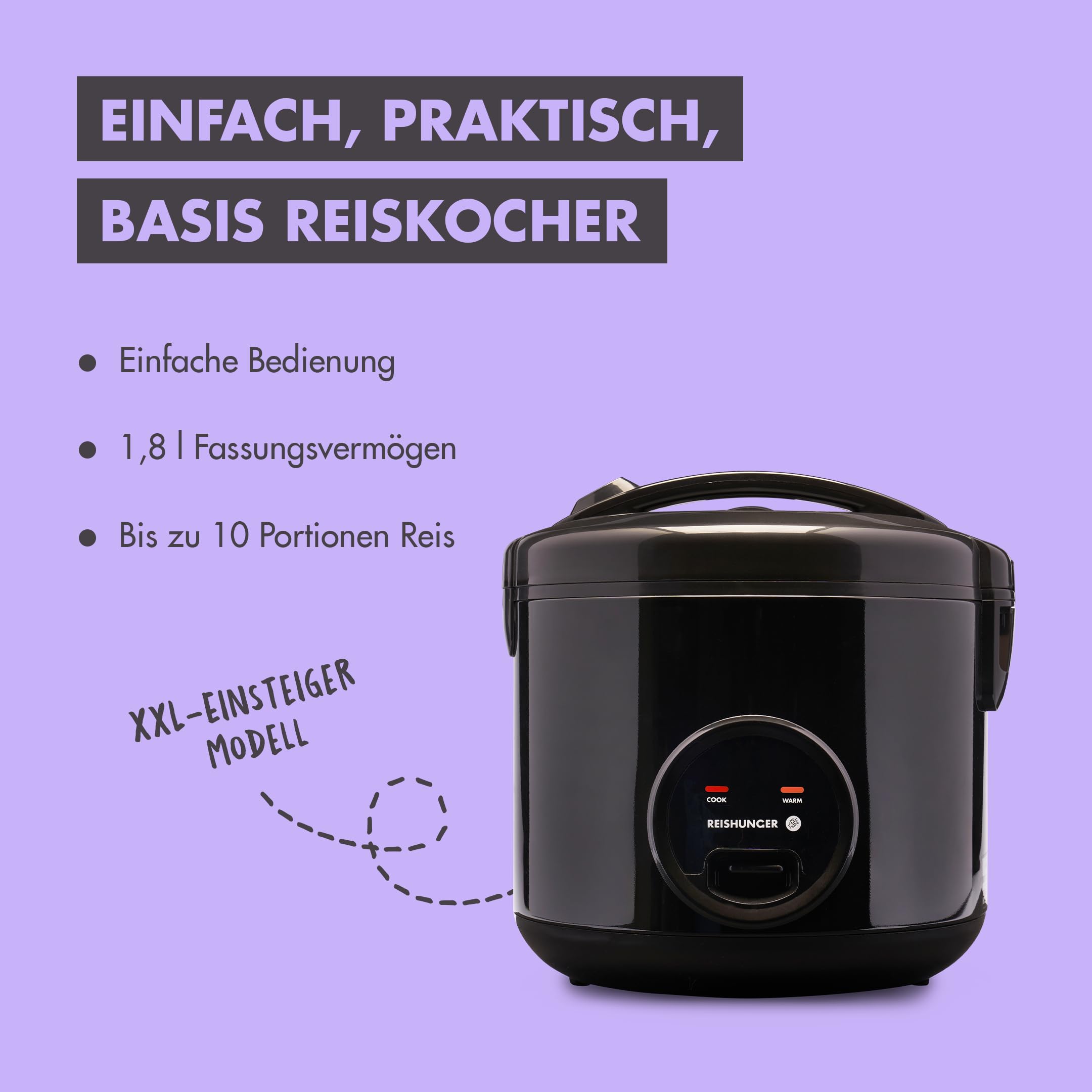 REISHUNGER Reiskocher 1,2 L – Für 1–6 Personen, Mit Antihaftbeschichtung, Warmhaltefunktion & Dämpfeinsatz