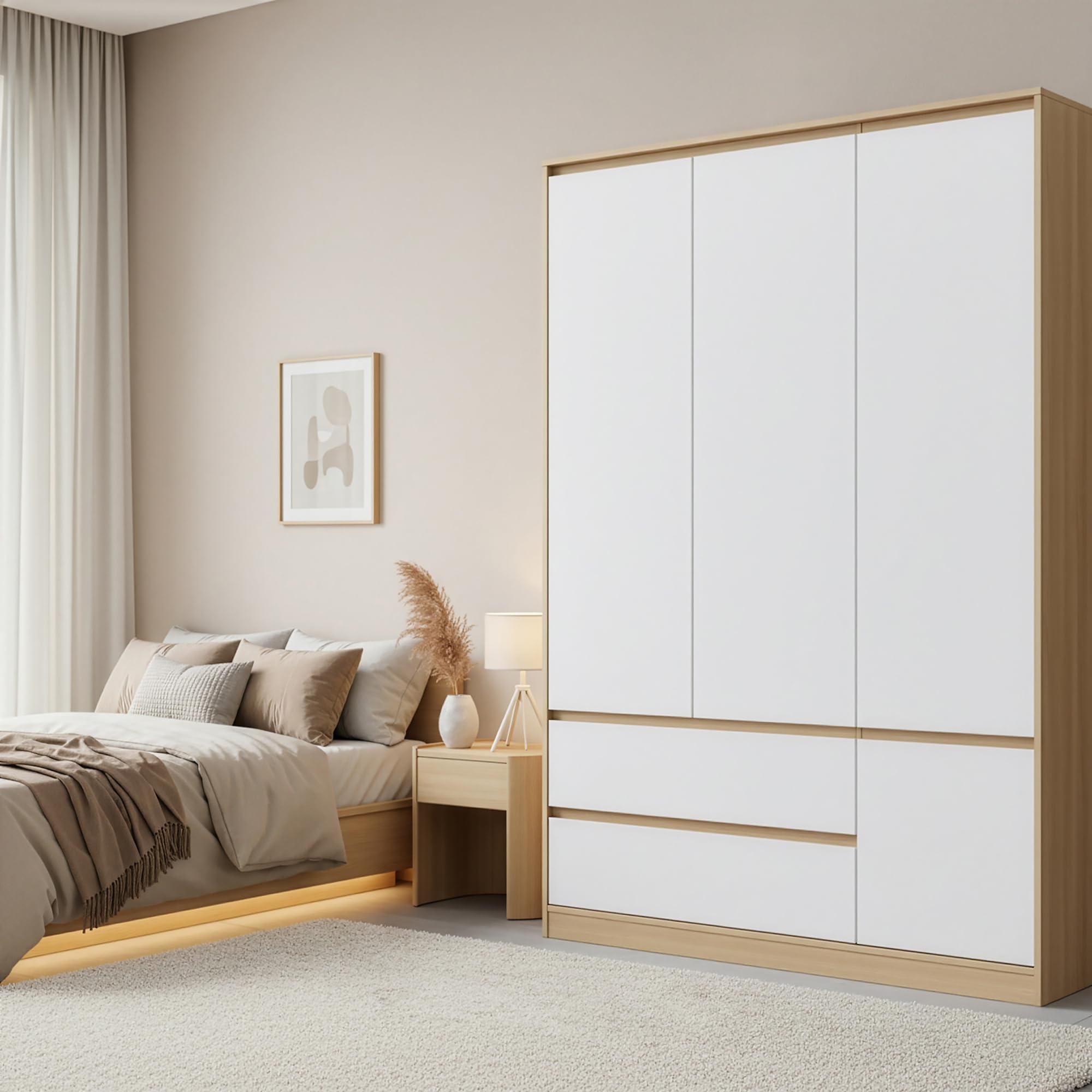 [en.casa] Armario Ropero Bastheim Práctico Armario Dormitorio con 4 Puertas 1 Perchero 6 Compartimentos 2 Cajones Fácil de Limpiar MDF 176 x 80 x 52 cm - Efecto Roble y Puertas Blancas